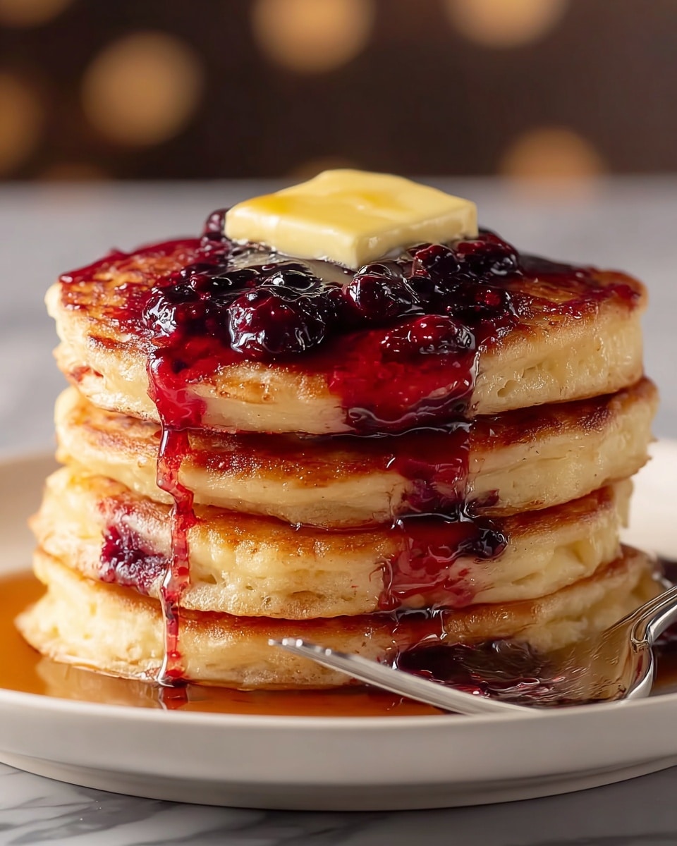 A tall stack of five fluffy pancakes is shown close up on a white plate, each pancake golden brown with soft, light texture visible on the sides. The top pancake is covered in glistening mixed berry syrup with visible pieces of red and dark purple berries, and a melting square of pale yellow butter sits on top. Thick syrup slowly drips down the sides of the stack, creating a sticky shine. A silver fork lies beside the pancakes on the white plate, and the whole scene is set on a white marbled surface with a warm, cozy light. Photo taken with an iphone --ar 4:5 --v 7