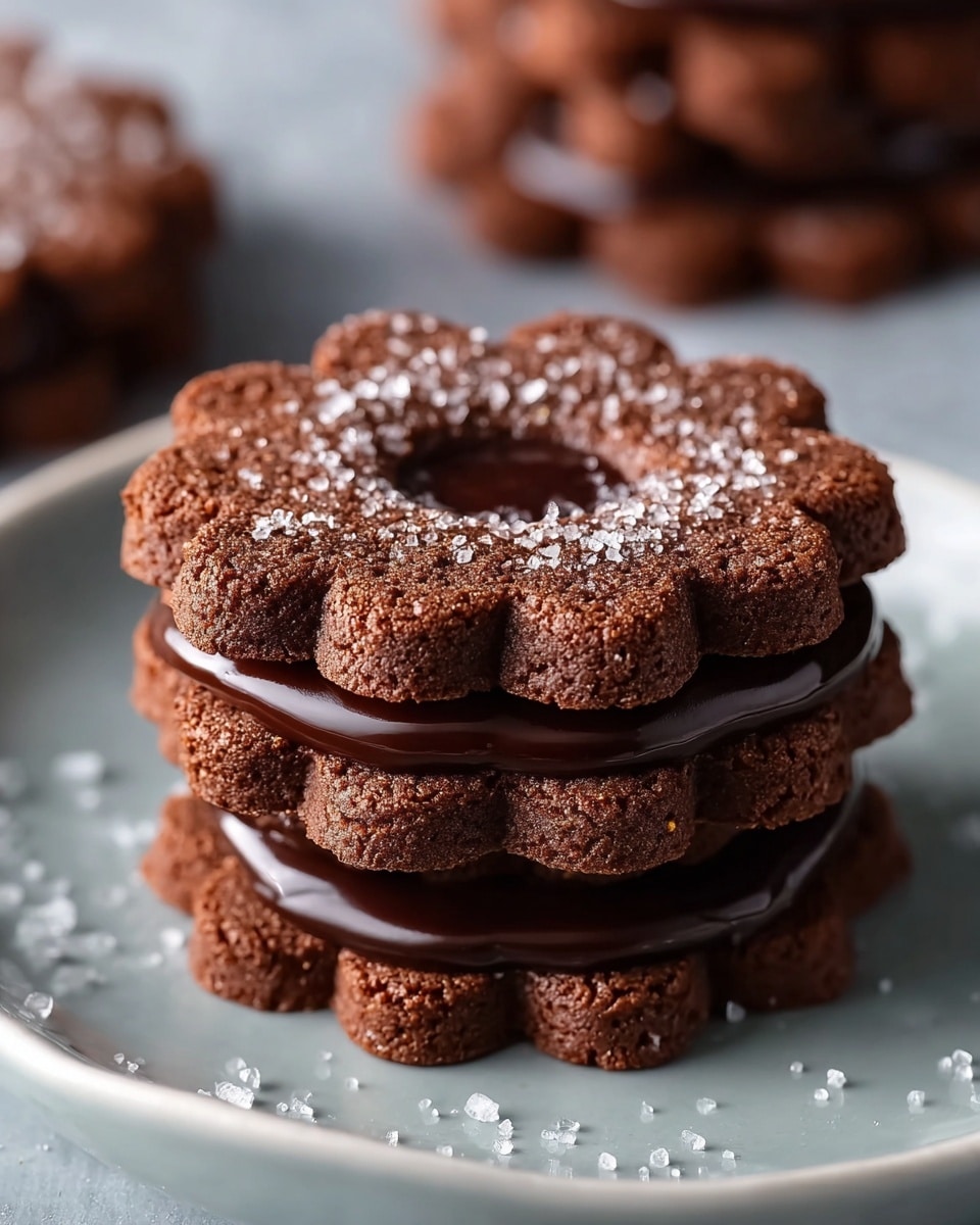 The image shows a white plate filled with eight dark brown round cookies that have scalloped edges and a smooth, shiny chocolate-filled center. Each cookie is sprinkled with coarse white sea salt on top, adding texture contrast. The plate is on a white marbled surface, and a silver spoon rests beside the cookies. In the top left corner, there is a clear glass bowl containing glossy dark chocolate. A gray knitted fabric is placed near the plate, adding a soft texture to the scene. photo taken with an iphone --ar 4:5 --v 7