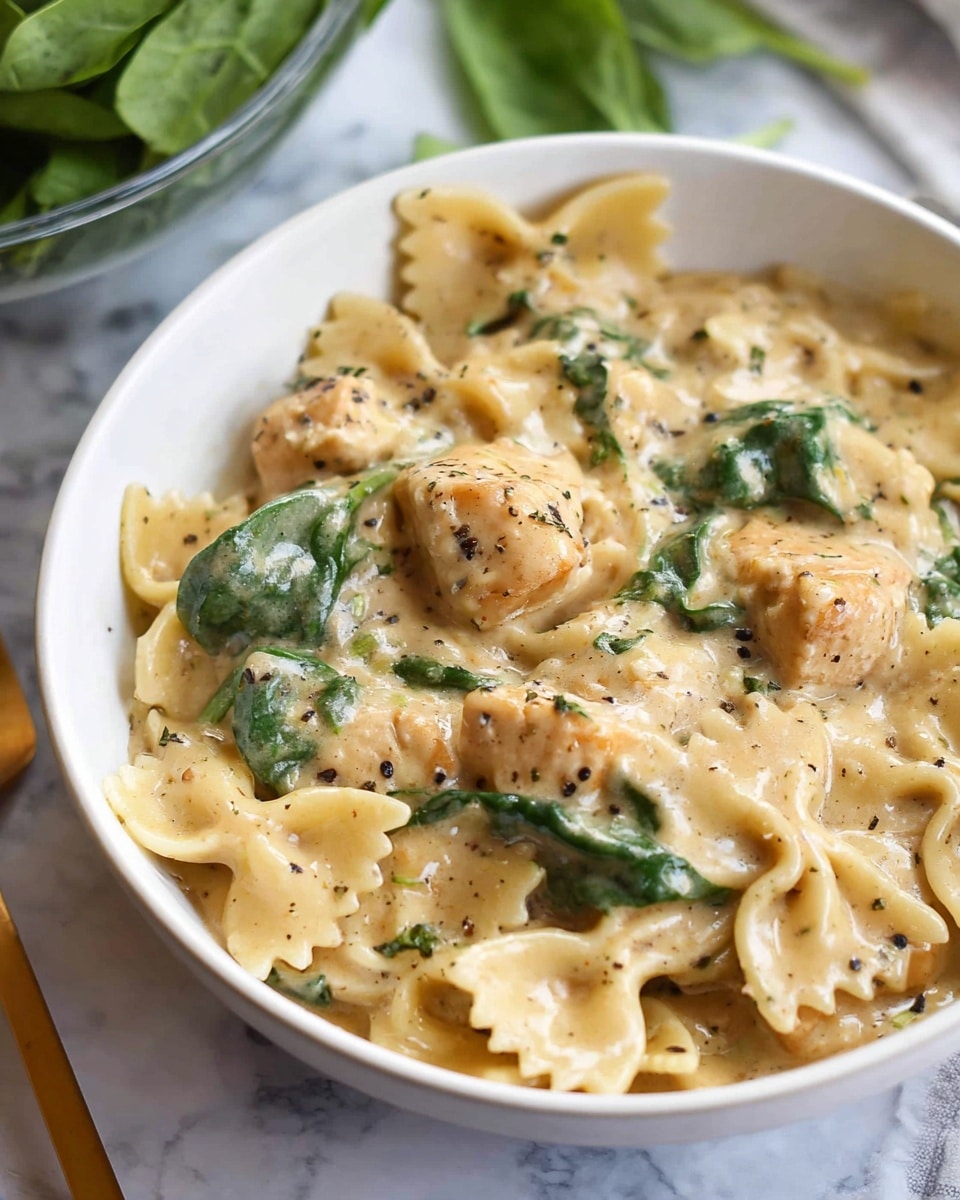 The image shows a white bowl filled with creamy pasta made of bow-tie shapes and chunks of cooked chicken. The sauce has a rich beige color with visible specks of black pepper and herbs, coating the pasta and chicken evenly. Bright green spinach leaves are mixed in, adding contrast to the pale creamy texture. The bowl sits on a white marbled surface with a glass bowl of fresh spinach blurred in the background. The creamy sauce looks smooth and thick, covering each ingredient well. Photo taken with an iphone --ar 4:5 --v 7