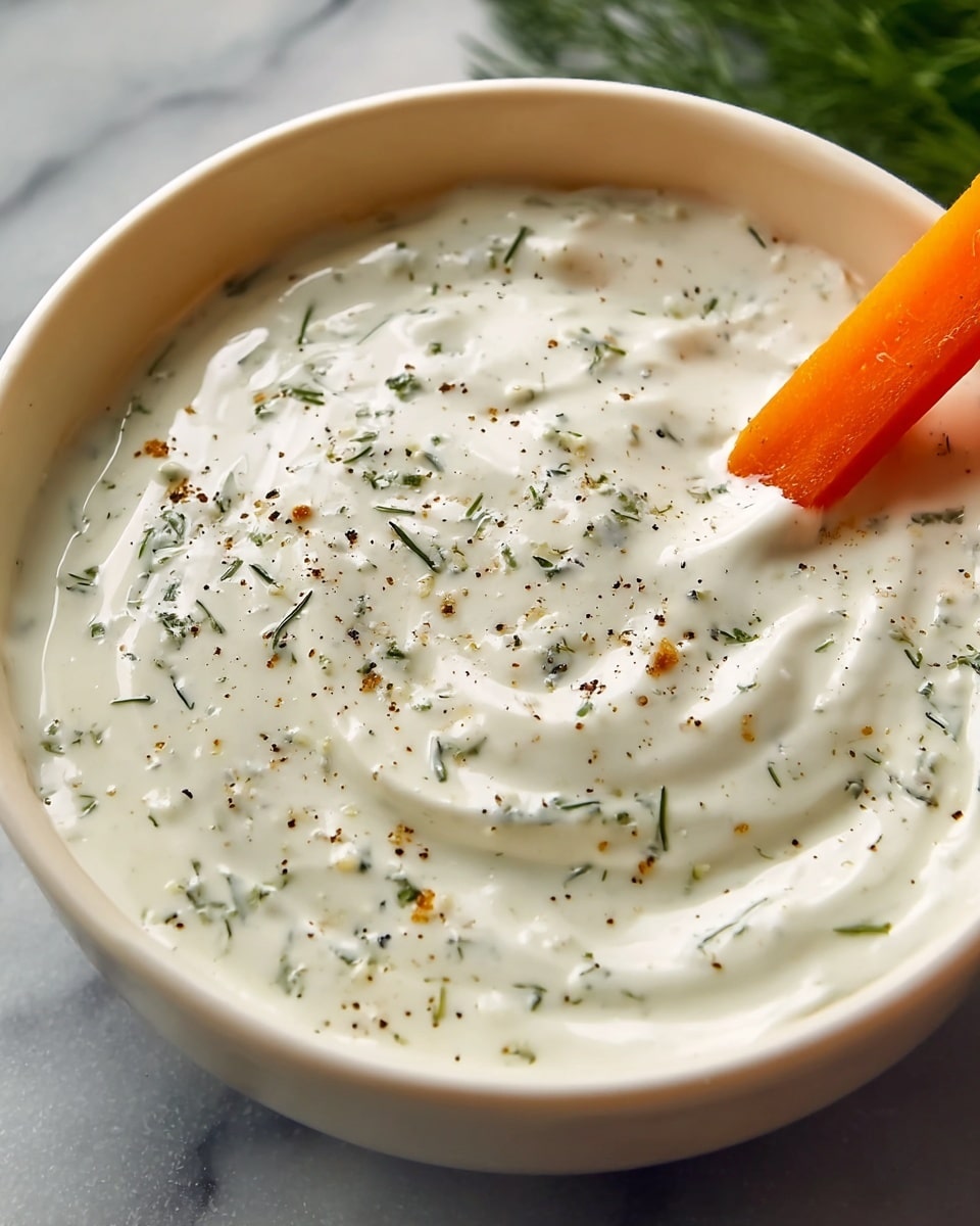 A close-up view of a white bowl filled with creamy white sauce mixed with small green herb bits and black pepper specks scattered throughout. The texture appears smooth and slightly thick with some soft swirls on the surface. On the right side, an orange carrot stick is dipped into the sauce, partially covered by it. The bowl is set on a white marbled surface with a blurred green background. photo taken with an iphone --ar 4:5 --v 7