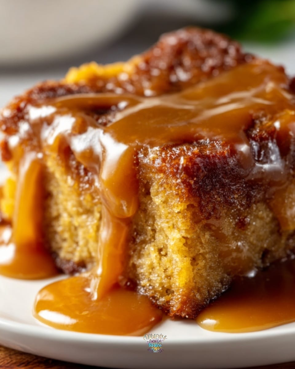 A close-up of a thick slice of sticky bread pudding with a golden-brown crust on top and a soft, moist interior. The bread pudding is covered with a rich, shiny caramel sauce that drips down the sides. It sits on a simple white plate, placed on a white marbled surface. The lighting highlights the glossy texture of the caramel and the slightly crispy edges of the pudding. Photo taken with an iphone --ar 4:5 --v 7