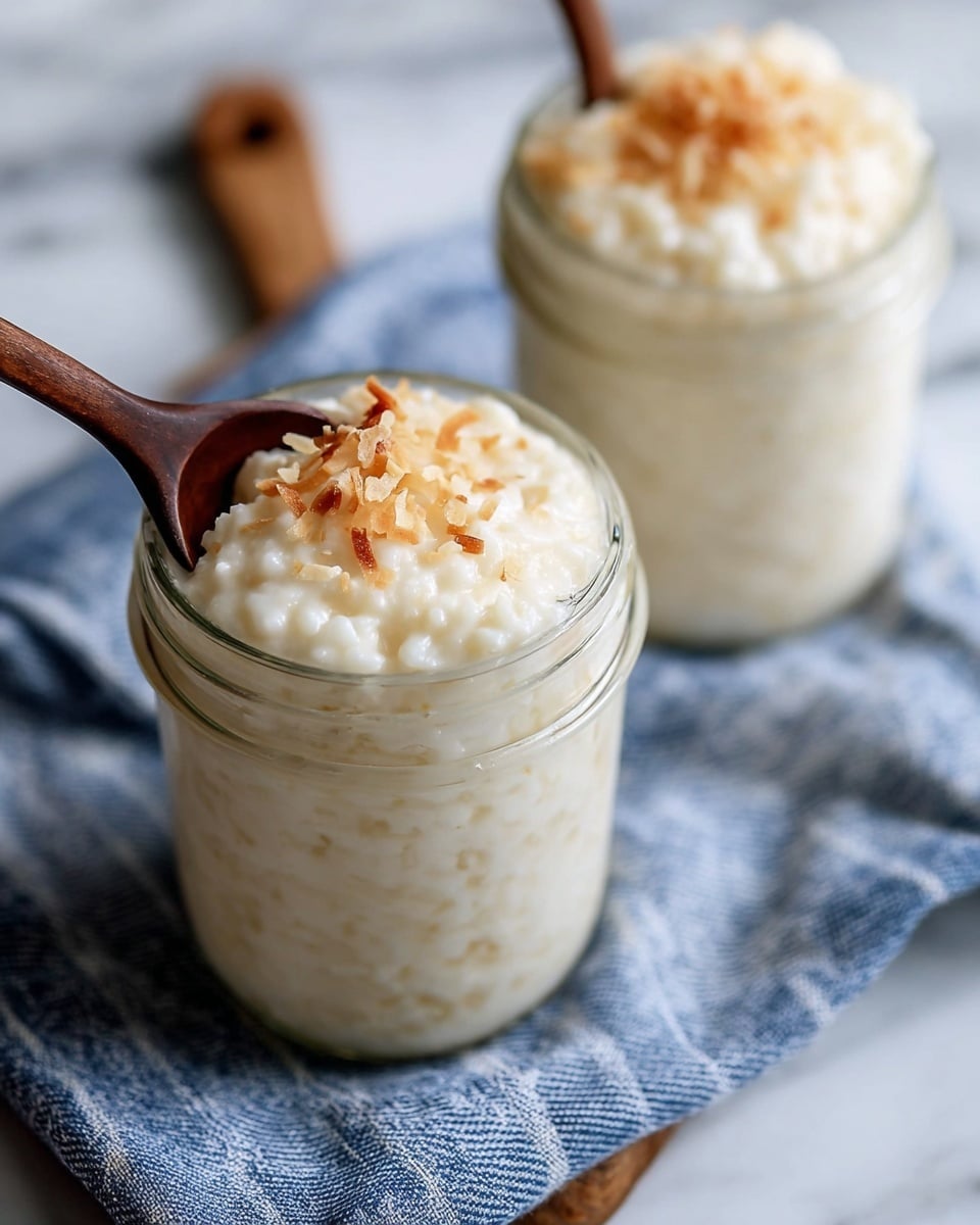 The image shows two clear glass jars filled with creamy white rice pudding that has a thick and slightly lumpy texture. The jar in the front is topped with a small heap of golden toasted coconut flakes, giving a crunchy contrast on top of the soft pudding. A dark wooden spoon is dipped into the front jar, lifting a spoonful of the pudding with coconut flakes. Both jars are placed on a blue and white striped cloth, which sits on a white marbled surface, softly blurred in the background. photo taken with an iphone --ar 4:5 --v 7