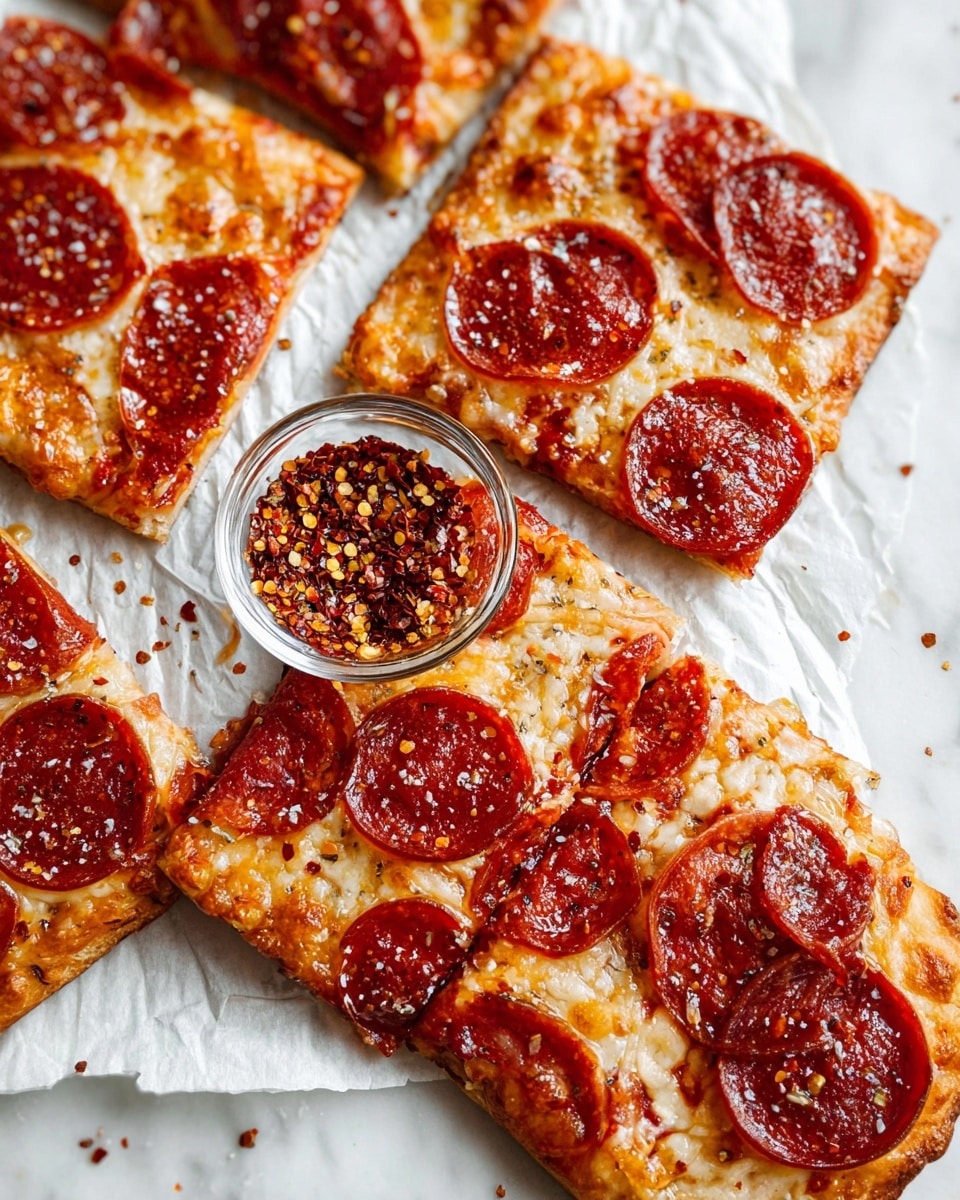 The image shows several square pieces of pepperoni pizza on crinkled white paper over a white marbled surface. Each pizza piece has three to four slices of glossy dark red pepperoni on top of melted pale golden cheese with a slightly bubbly texture. The crust is thin and light brown. In the middle of the pizza pieces, there is a small clear glass bowl filled with red chili flakes. The overall scene has a bright and fresh look. photo taken with an iphone --ar 4:5 --v 7