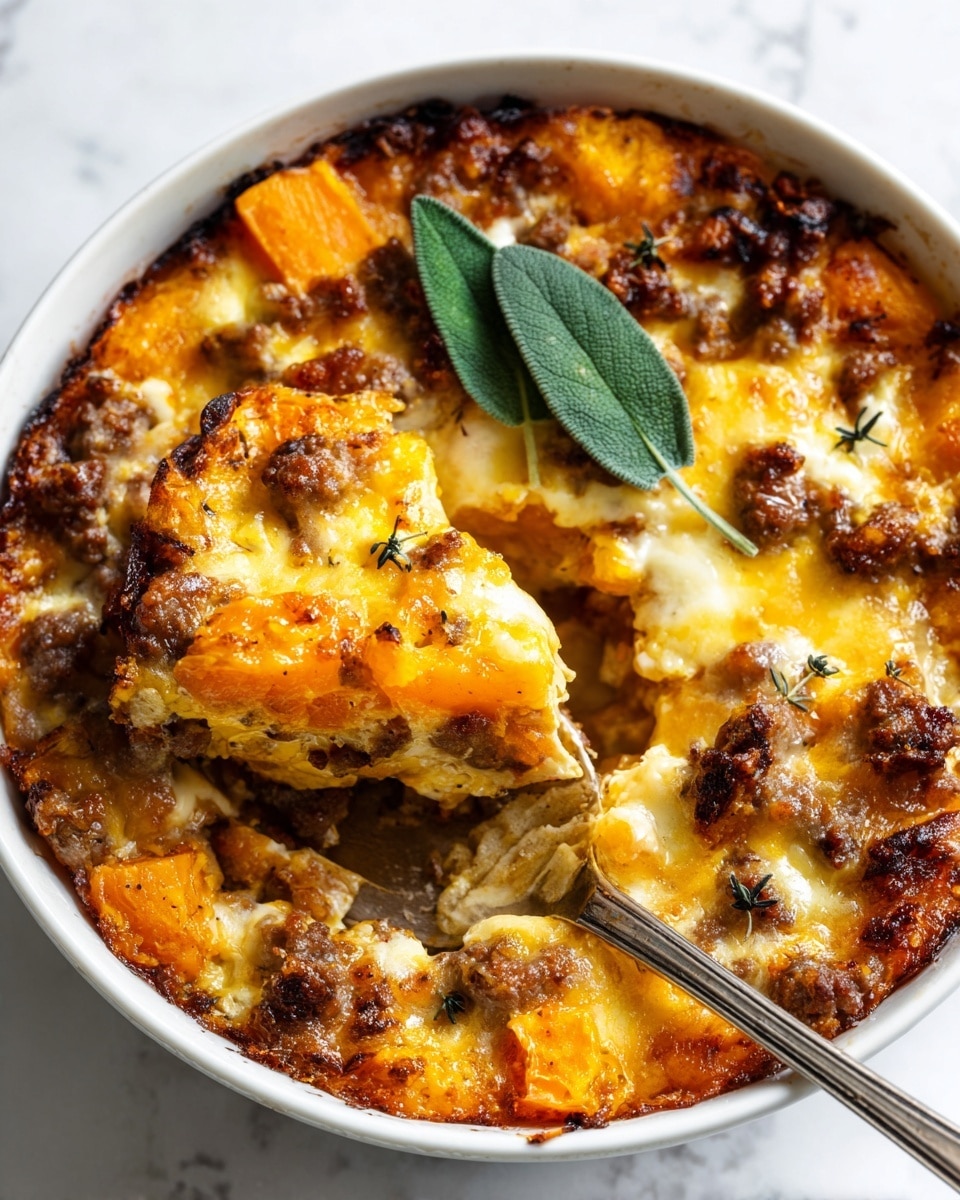 This image shows a close-up view of a baked dish with a visible single layer of bright orange chunks of roasted squash, mixed with browned ground meat pieces and melted creamy cheese that is slightly bubbly and golden. The top layer is crispy with some darker caramelized spots, and there are two fresh green sage leaves resting on the surface for a touch of color and texture contrast. A spoon is lifting a warm serving, highlighting the soft texture of the squash and the melted cheese pulling slightly as it moves. The dish is in a white bowl, placed on a white marbled texture. photo taken with an iphone --ar 4:5 --v 7
