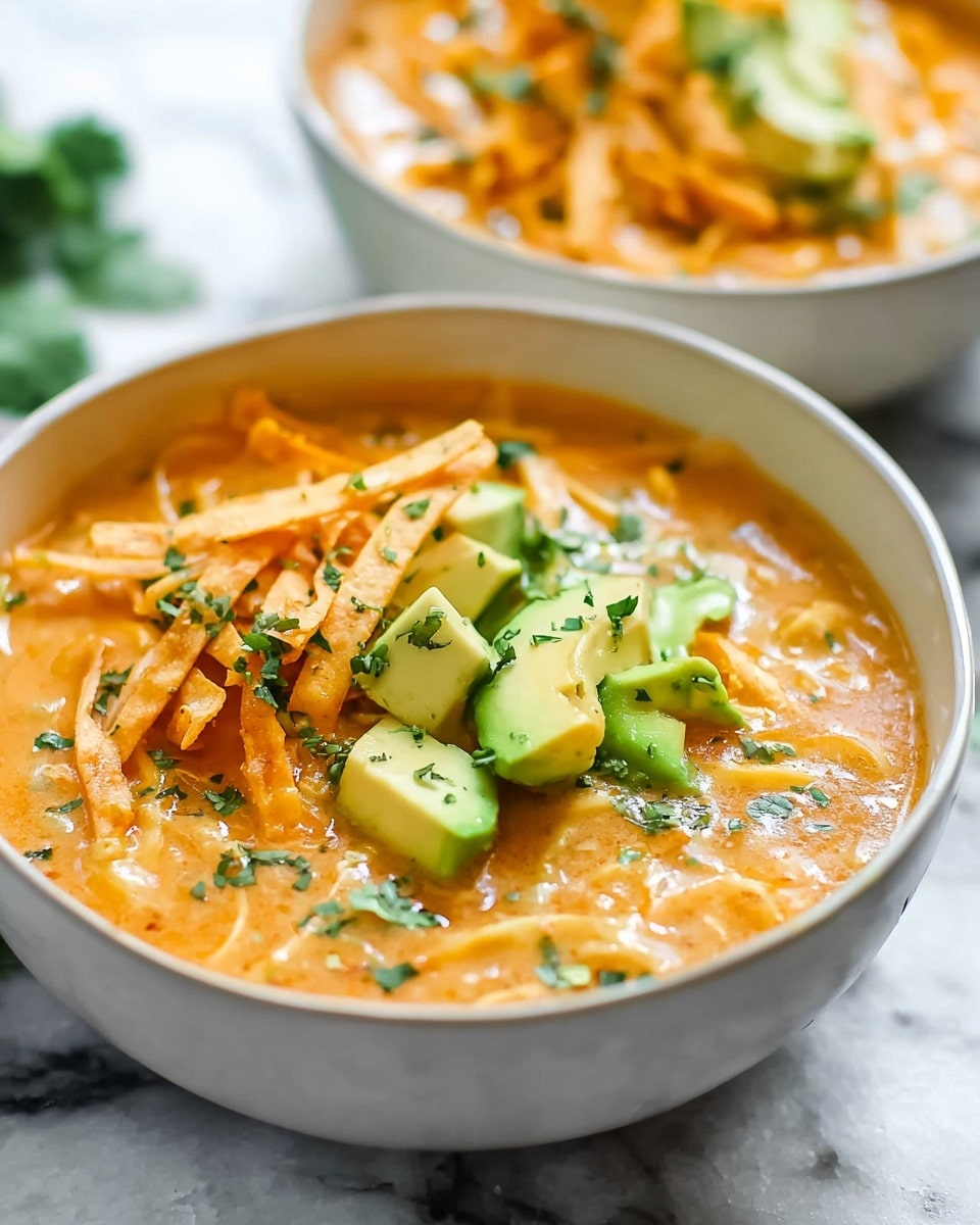 The image shows a deep bowl filled with creamy orange soup that has visible shredded cheese melted inside. On top, there are chunks of bright green avocado, orange tortilla strips, and small sprinkles of chopped fresh green herbs scattered across. The soup looks thick and rich, with a smooth texture interrupted by the toppings. The bowl is white and placed on a white marbled surface, with a blurred second bowl in the background showing the same soup. photo taken with an iphone --ar 4:5 --v 7