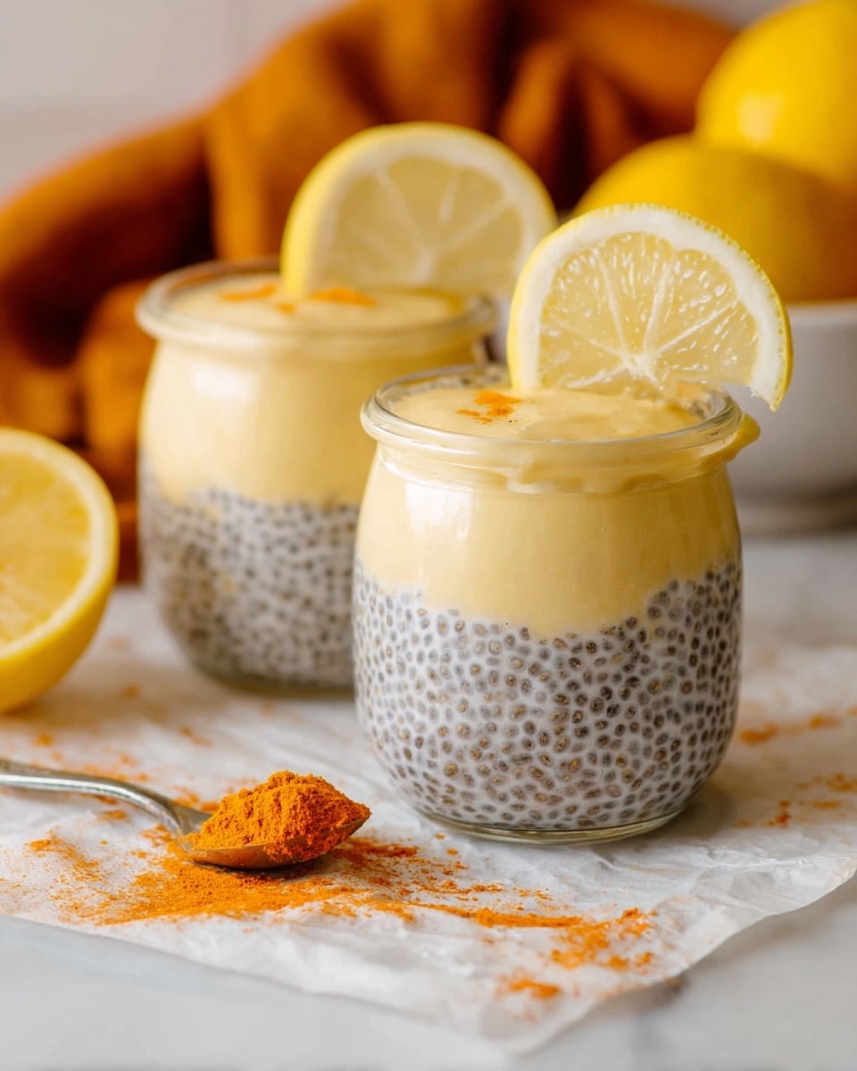 The image shows three small clear glass jars filled with a layered dessert, placed on a white marbled surface. Each jar has two layers: the bottom layer is a thick, greyish mixture with small black chia seeds, and the top layer is a creamy, pale yellow custard-like cream. On top of each jar, there is a thin slice of fresh lemon resting against the inner rim. The background is softly blurred with white and light yellow tones, creating a clean and bright look. Photo taken with an iphone --ar 4:5 --v 7