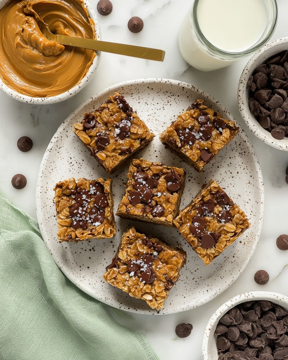 Six square oat bars with chocolate chips on top are arranged on a round white speckled plate. Each bar shows a thick, textured layer of golden oats mixed with melted dark chocolate inside and on top. Around the plate are scattered dark chocolate chips and sea salt flakes on the bars adding a shiny touch. To the left is a small white speckled bowl filled with smooth, creamy peanut butter with a gold spoon inside. To the right, a round white bowl holds more dark chocolate chips. At the bottom right corner, part of a glass with milk is visible, and a soft light green cloth rests at the bottom left corner. All items are placed on a white marbled surface. photo taken with an iphone --ar 4:5 --v 7
