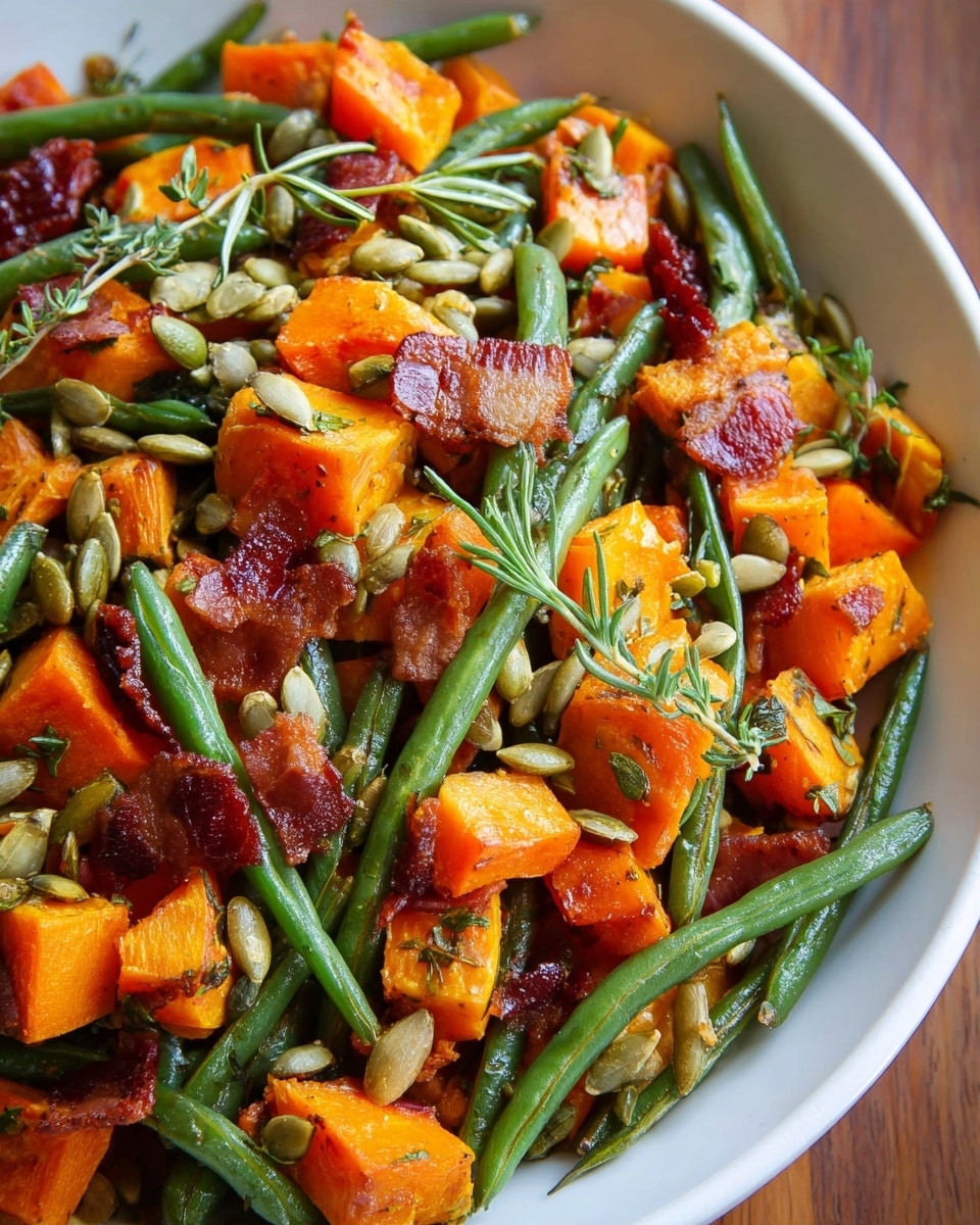 A close-up view of a white bowl filled with a colorful mix of roasted vegetables and toppings. The base layer consists of bright orange cubes of roasted butternut squash with slightly browned edges, interspersed with long, thin green beans that have a fresh, glossy texture. Scattered throughout are small, crisp pieces of reddish-brown bacon, adding a contrasting texture. On top, there are light green pumpkin seeds scattered evenly, along with small sprigs of fresh green herbs, possibly thyme, adding a touch of green detail. The bowl is set on a wooden surface, but the overall focus remains on the vibrant and fresh mix inside the bowl. photo taken with an iphone --ar 4:5 --v 7