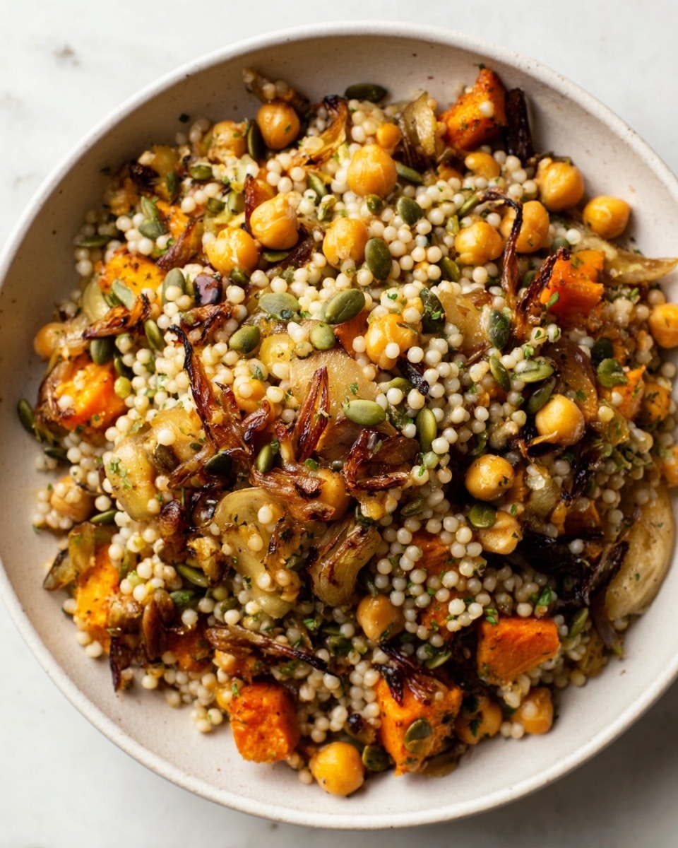 A white bowl filled with a mixed grain and vegetable salad sits on a white marbled surface. The dish has multiple layers including small, round, pearl-like grains that are light beige, mingled with chickpeas that are soft orange. Scattered throughout are green pumpkin seeds, bright orange chunks of roasted squash, and pieces of dark brown roasted onion. The textures look varied with small seeds, soft grains, and crispy browned vegetable bits. The colors range from light beige, orange, green, to dark brown, creating a warm, earthy look. photo taken with an iphone --ar 4:5 --v 7