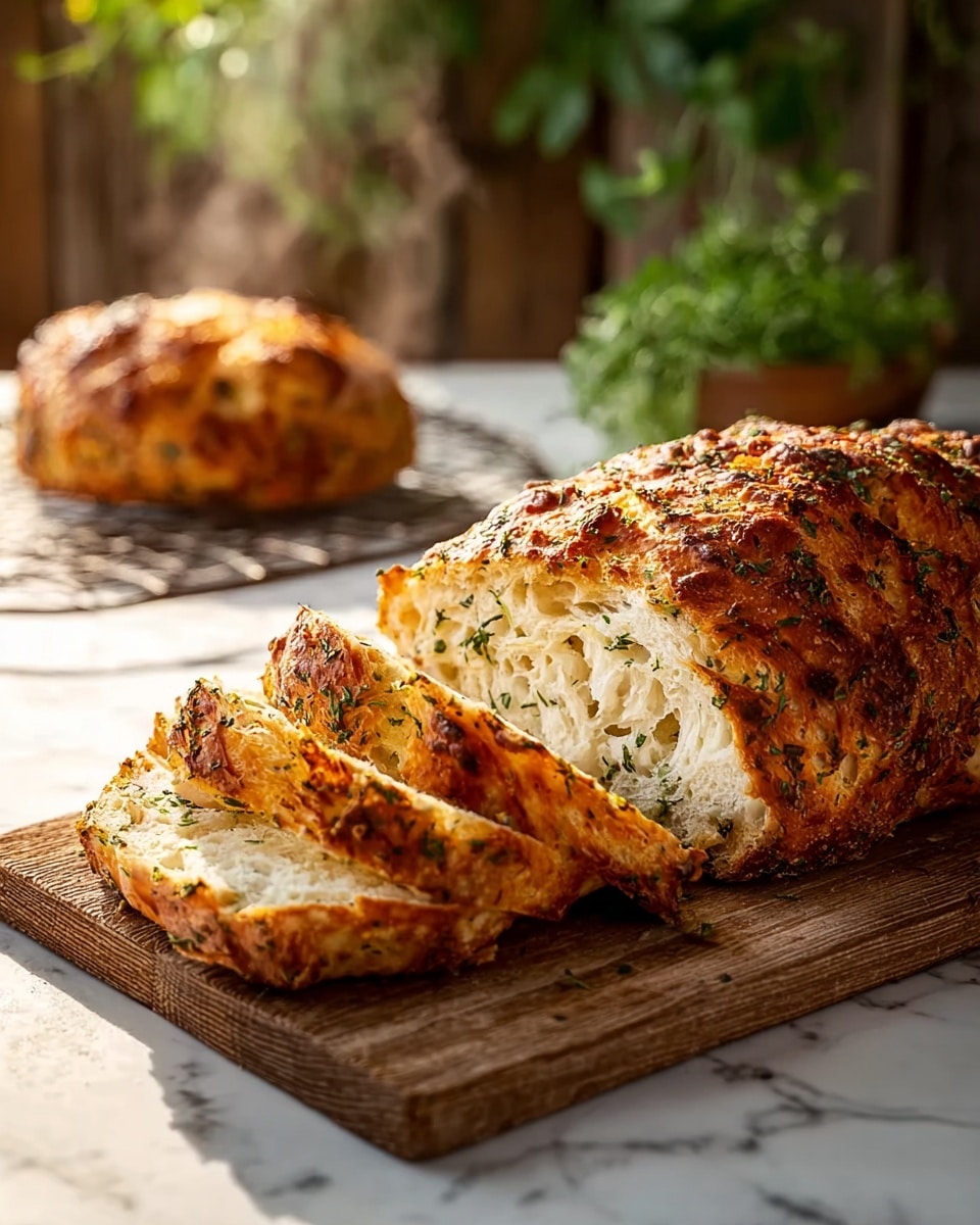 A loaf of freshly baked bread with a rough golden brown crust sits on a wooden cutting board. The bread is cut into five thick slices in the front, showing a soft, airy white inside with small green herb flecks. The crispy crust has a textured look with herbs sprinkled all over, and a bit of steam rises gently from the warm bread. In the blurry background, there is a second smaller loaf on a cooling rack and green plants adding a fresh feel. The whole scene is set against a white marbled surface with natural light highlighting the warm colors and textures. photo taken with an iphone --ar 4:5 --v 7
