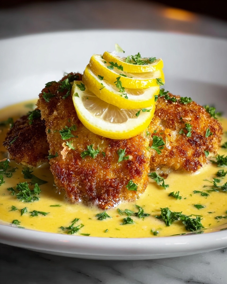 The image shows a close-up of a golden-brown breaded fish fillet covered with creamy yellow sauce. The fillet is topped with three thin lemon slices arranged in a line and sprinkled with small chopped green herbs. Fresh green parsley leaves are placed around the fish, adding color contrast. The dish sits on a white plate with a white marbled surface background. The texture of the fish is crispy, and the sauce looks smooth and rich. photo taken with an iphone --ar 4:5 --v 7