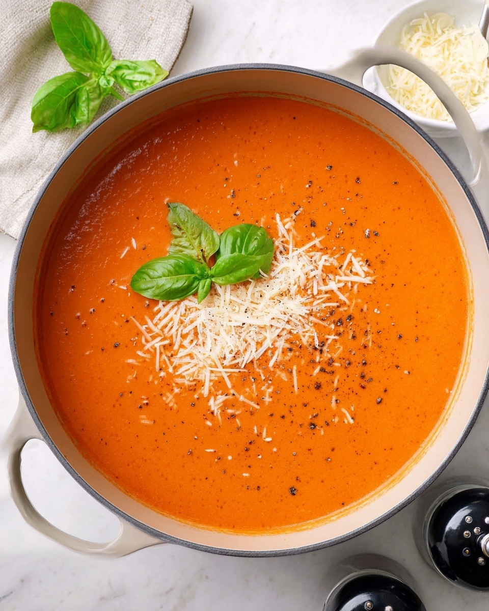 A large white pot filled with smooth, creamy bright orange tomato soup topped with scattered white shredded cheese and a small sprinkle of black pepper, garnished with two fresh green basil leaves near the top left center. The pot has a light, muted handle and sits on a white marbled surface, with a small white bowl of shredded cheese and two black pepper grinders visible near the bottom right edge. Photo taken with an iphone --ar 4:5 --v 7
