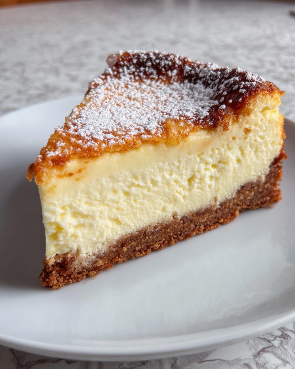 A slice of cheesecake sits on a white plate, showing three clear layers: a crumbly brown crust at the bottom, a thick pale yellow creamy middle, and a golden-brown top that looks slightly crispy and is dusted lightly with white powdered sugar. The edges of the slice are slightly raised and browned, adding texture to the smooth cream layer. The plate is placed on a white marbled textured surface. photo taken with an iphone --ar 4:5 --v 7