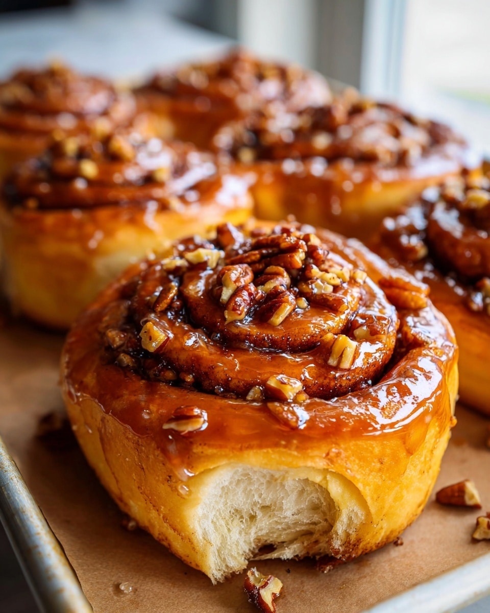 The image shows a close-up of a golden-brown cinnamon roll with a shiny caramel glaze, topped with small pieces of chopped pecans. The roll has multiple layers of soft, fluffy dough spiraled around a rich cinnamon filling. The top layer glistens with the sticky glaze, making the pecans look glossy and crunchy. The cinnamon roll sits on a baking tray lined with brown parchment paper, with more cinnamon rolls blurred in the background. The bottom edge of the roll reveals the soft, airy texture inside, with a small bite taken from one side. The scene is set on a white marbled surface. photo taken with an iphone --ar 4:5 --v 7