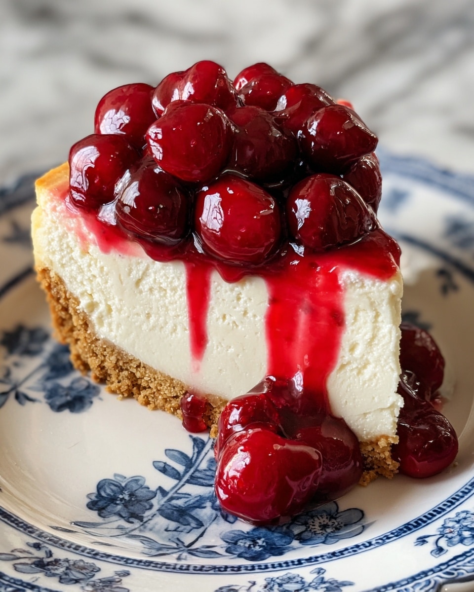 A slice of cherry cheesecake sits on a white plate with blue floral patterns. The cheesecake has three layers: a light brown crumbly crust on the bottom, a thick white creamy middle layer, and a shiny bright red cherry topping with whole cherries and cherry sauce dripping slightly down the sides. The background is a white marbled texture. photo taken with an iphone --ar 4:5 --v 7