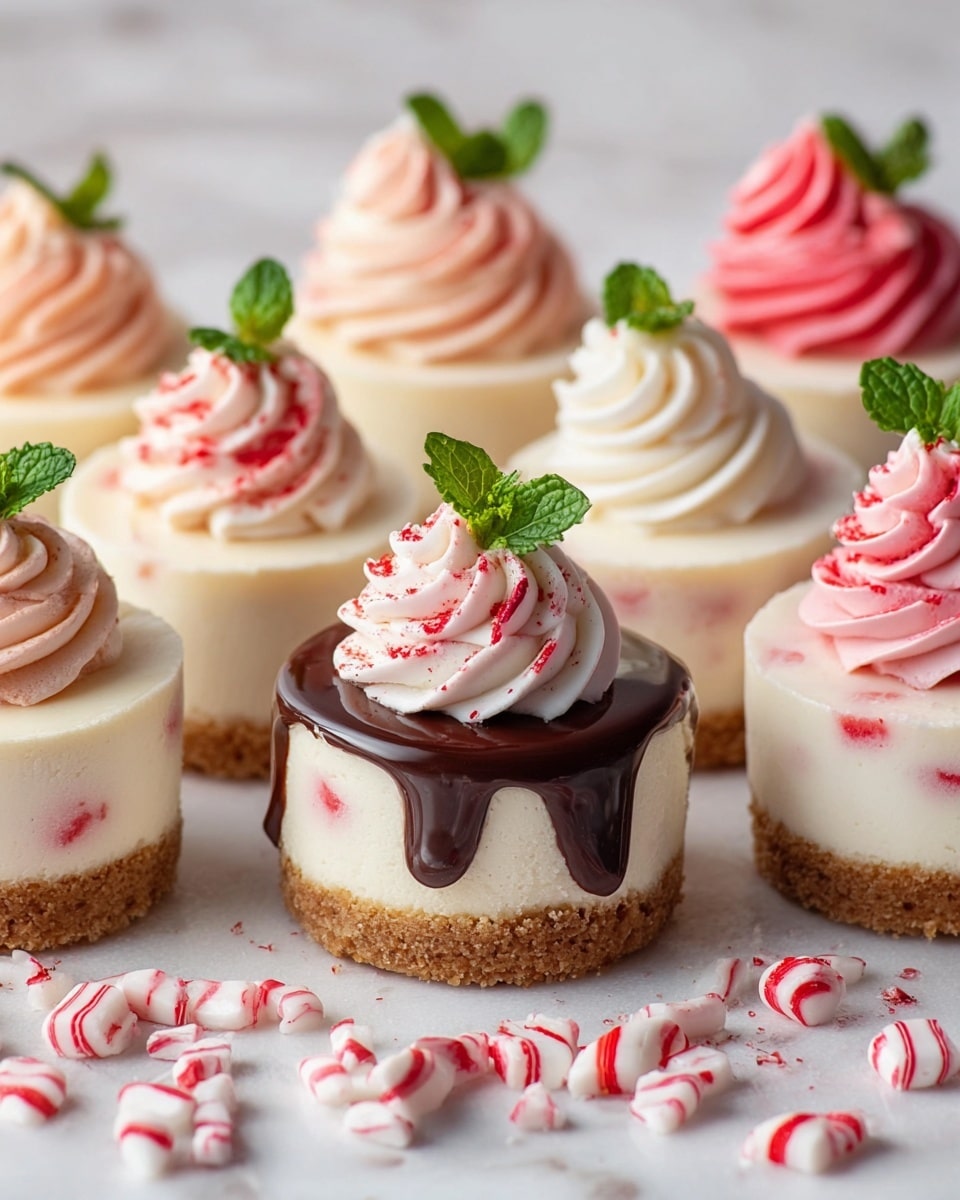 The image shows small round cheesecakes with two main layers: a bottom light brown crumbly crust and a thick white creamy cheesecake layer with small red specks inside. On top of each cheesecake is a swirl of whipped topping in shades of pink, red, and white, some decorated with a small bright green mint leaf. One cheesecake has chocolate sauce dripping down the sides. Around the cheesecakes are small red and white striped candies scattered on a white marbled surface. The photo looks bright and soft, highlighting the texture of each layer and the smoothness of the whipped topping. photo taken with an iphone --ar 4:5 --v 7