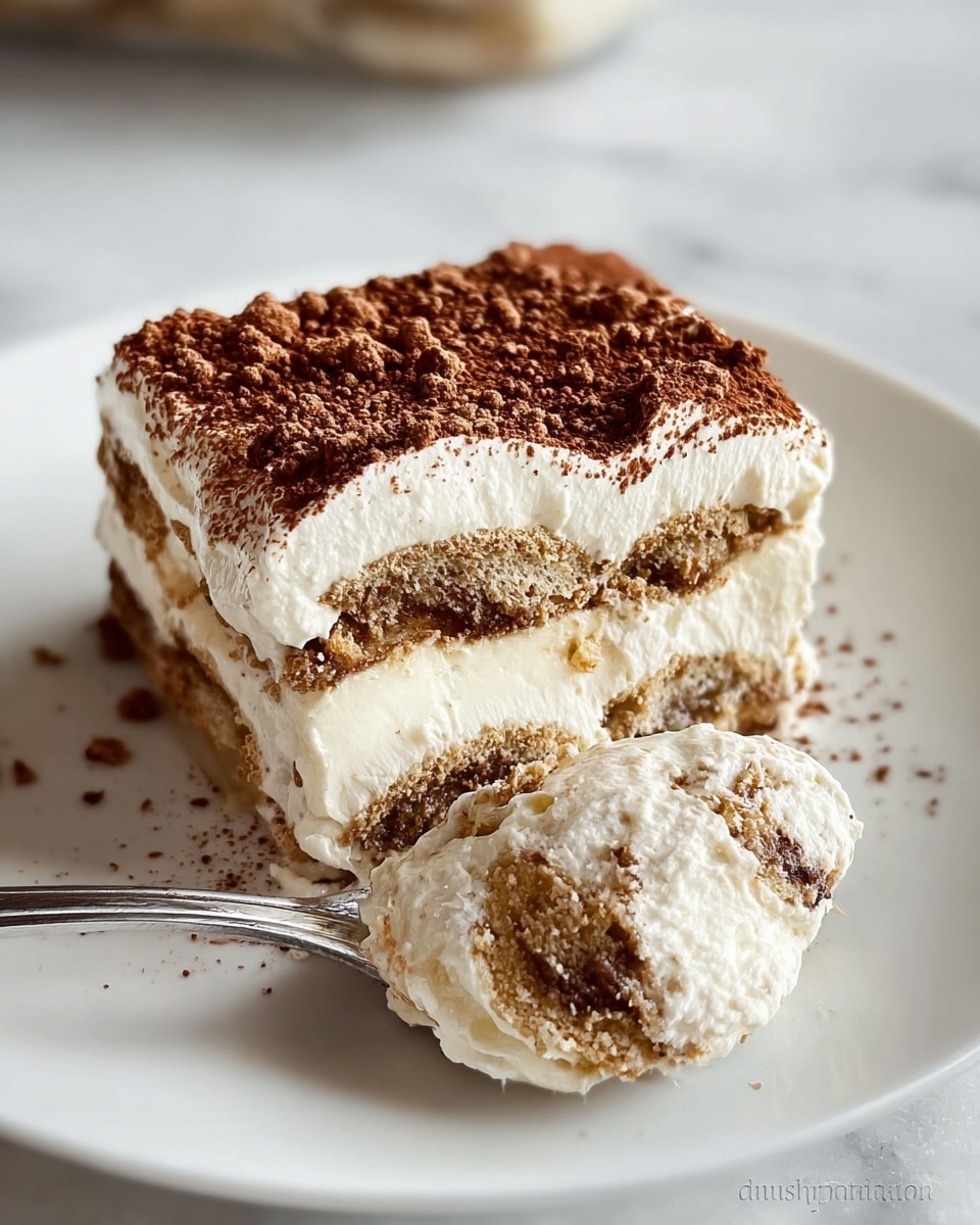 The image shows a creamy dessert with four visible layers on a white plate over a white marbled surface; the bottom and third layers are light brown and soft, likely soaked cake or biscuit, while the second and top layers are thick, white, and fluffy cream. The surface of the dessert is dusted with fine cocoa powder and small crumbled bits. A silver spoon holds a scoop of the creamy and sponge-like dessert in front of the slice. The scene captures a close-up view and the woman's hand is not visible. Photo taken with an iphone --ar 4:5 --v 7