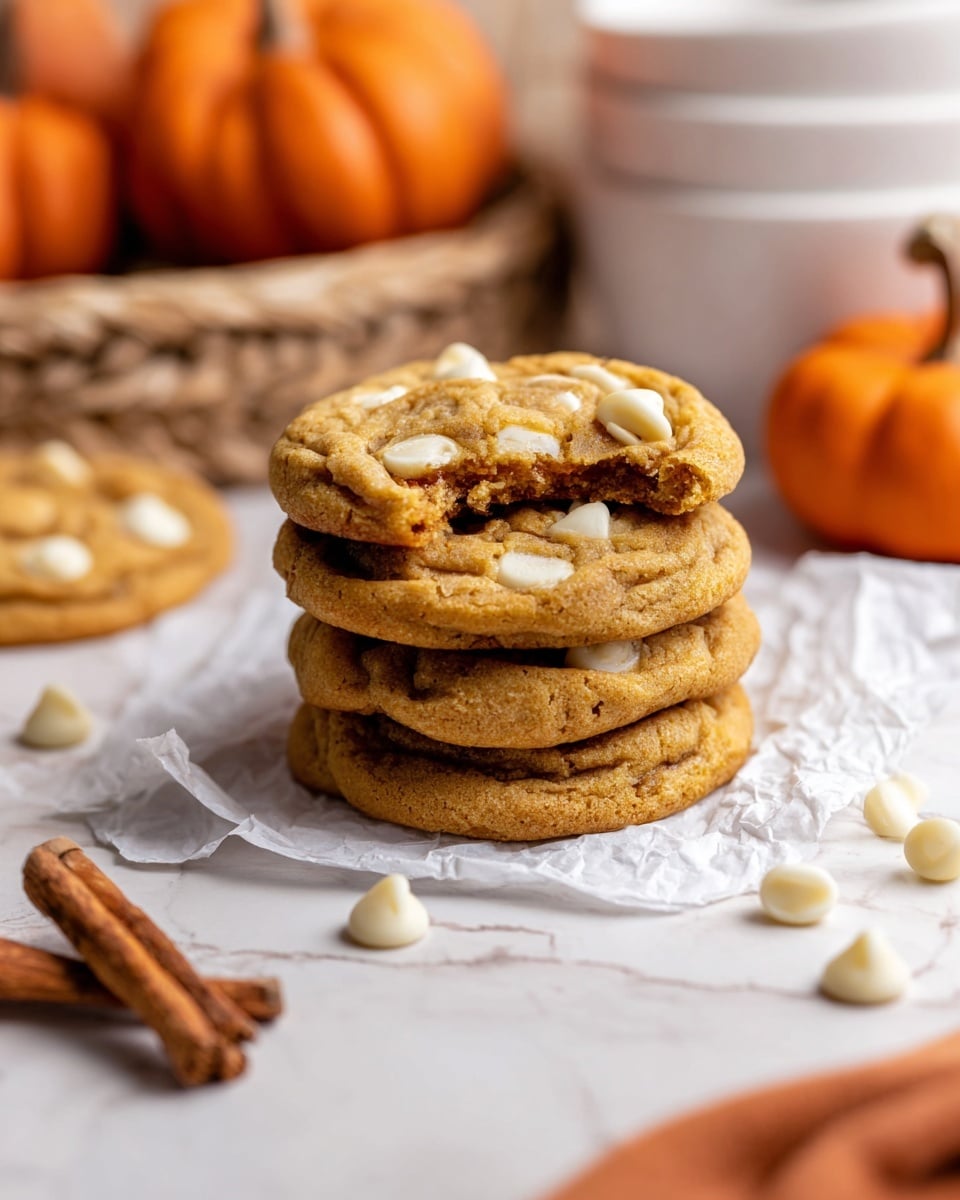 A close-up of a single round cookie held by a woman's hand, showing a soft texture with slightly crispy edges, golden-brown in color, and studded with small white chocolate chips spread all over the surface. In the background, there are more similar cookies stacked loosely on a white wooden surface with a white marbled texture, along with scattered white chocolate chips near the bottom. The scene has warm tones with a soft focus on the background photo taken with an iphone --ar 4:5 --v 7