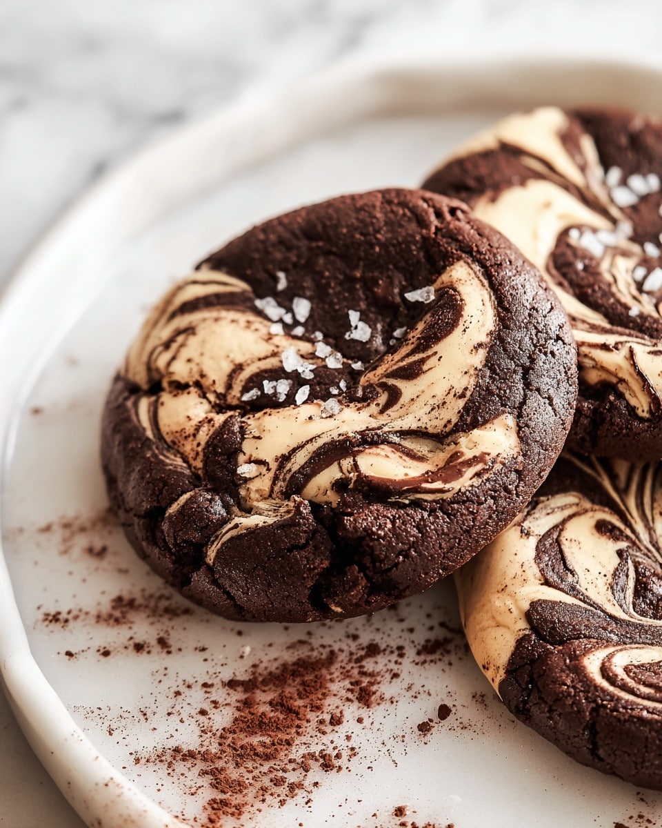 A close-up view of two rich chocolate cookies resting on a white plate with a white marbled surface underneath. Each cookie is thick with a cracked texture and features creamy swirls of light beige and dark chocolate mixed across the top in artistic, flowing patterns. Small flakes of salt or sugar are sprinkled on the top and around the cookies on the plate. There is also scattered cocoa powder adding a rustic touch near the edges of the plate. The photo taken with an iphone --ar 4:5 --v 7