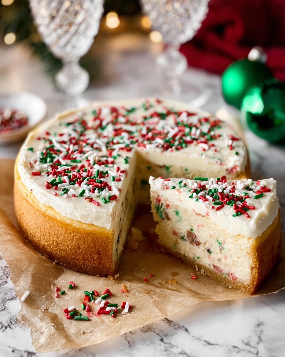 A round cheesecake with a thick light golden crust holds two creamy white layers inside that have red, green, and white sprinkles mixed in. The top is covered with a smooth white frosting, also decorated with red, green, and white long sprinkles, some of which have fallen onto the brown parchment paper underneath. The cake sits on the parchment on a white marbled surface with out-of-focus crystal glasses and green decorations in the background, giving a warm festive feel. Photo taken with an iphone --ar 4:5 --v 7