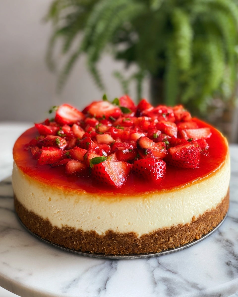 A round cheesecake with three visible layers sits on a white marbled surface. The bottom layer is thick and brown with a crumbly texture, forming the crust. The middle layer is a smooth, creamy pale yellow cheesecake filling. The top layer is a bright red strawberry topping made of small chopped pieces mixed in a glossy red sauce, with several halved strawberries placed evenly around the edge. The whole dessert is on a white cake stand with a blurred green plant in the background. Photo taken with an iphone --ar 4:5 --v 7
