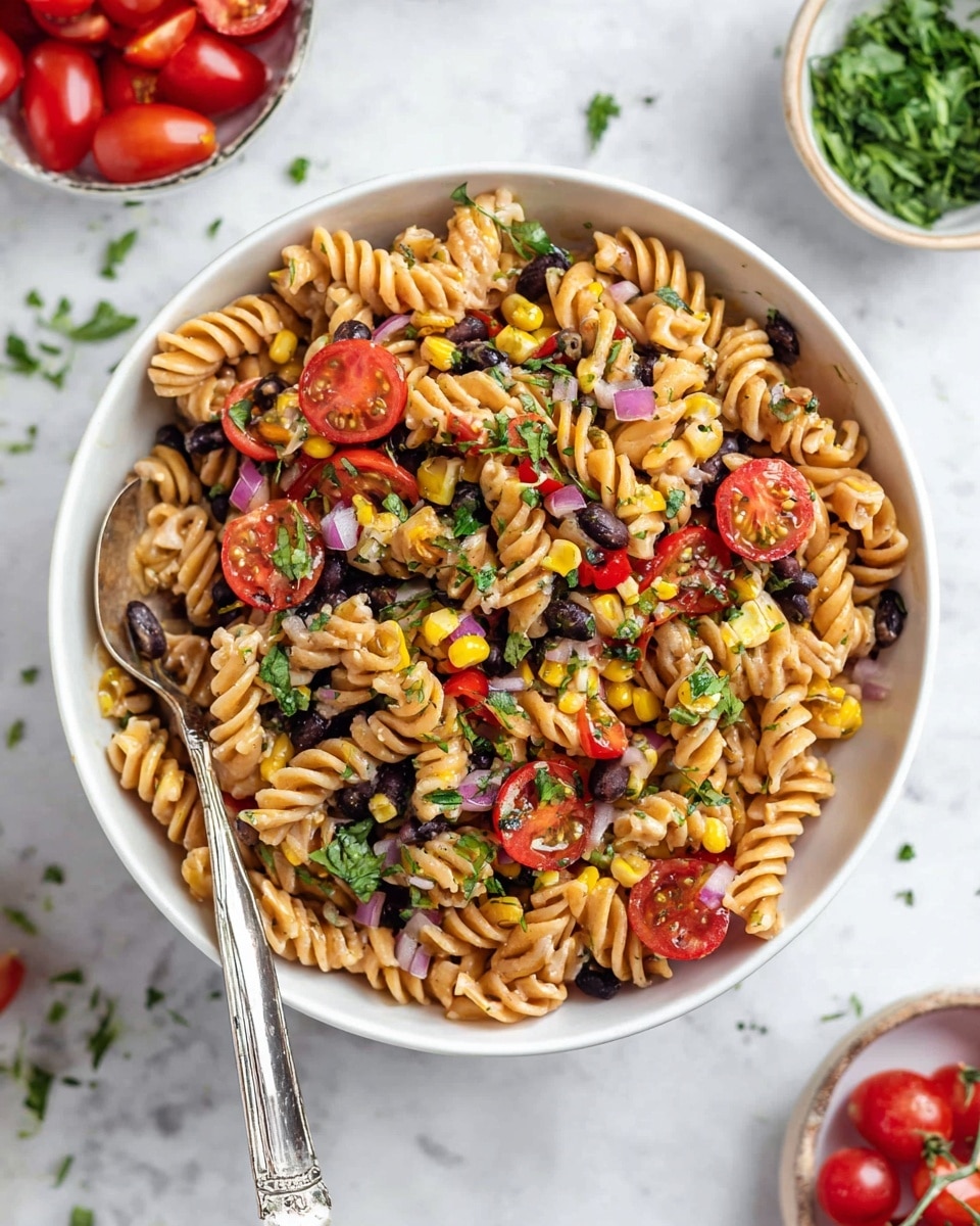 A white bowl filled with spiral pasta that is light brown in color, mixed with black beans and yellow corn kernels scattered throughout. Bright red cherry tomato halves and pieces of red bell pepper are layered on top and mixed in, along with small chunks of purple onion. Fresh chopped green herbs are sprinkled over the entire dish, adding a fresh touch. A silver spoon is placed inside the bowl on the left side, resting partially on the pasta. The bowl is set on a white marbled surface with small bowls of more cherry tomatoes and herbs around it. photo taken with an iphone --ar 4:5 --v 7