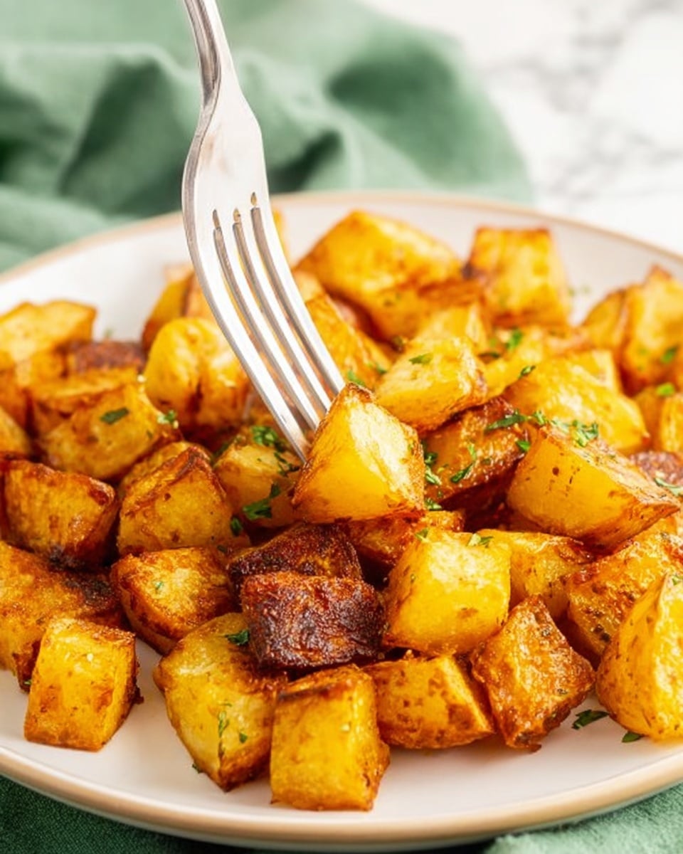 A white plate filled with multiple small golden-brown roasted potato cubes, some pieces showing a crispy, dark brown skin texture, and others softer with a bright yellow inside; sprinkled lightly with green herb bits. A silver fork is inserted into one potato cube near the center of the plate. The background is a soft, green cloth with a white marbled texture surface below. Photo taken with an iphone --ar 4:5 --v 7
