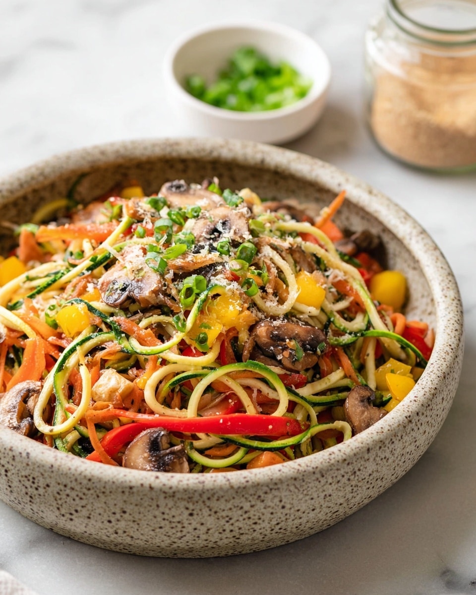 A bowl filled with a colorful mix of spiral-shaped zucchini noodles and round spaghetti noodles, topped with small cubes of yellow and red bell peppers, orange carrots, and browned mushroom slices evenly spread throughout. The dish is garnished with chopped green onions and light sprinkles of grated cheese, all placed inside a speckled stone-like bowl sitting on a white marbled surface. In the blurred background, there is a small white bowl with more chopped green onions and a glass jar filled with a light brown ingredient. Photo taken with an iphone --ar 4:5 --v 7