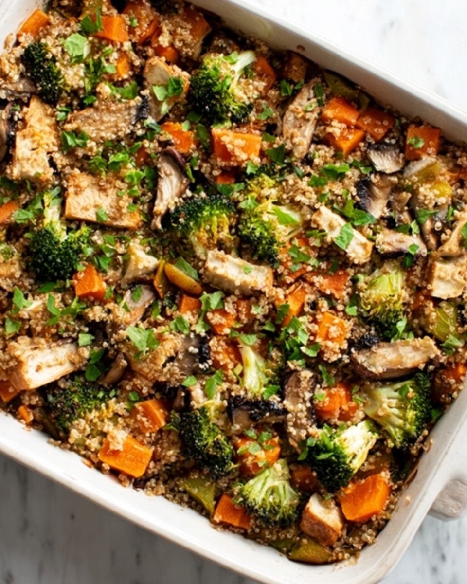 A rectangular white baking dish filled with a mixed vegetable casserole featuring visible layers of chopped broccoli, diced orange carrots, sliced mushrooms, and cubed tofu, all coated with a light, crumbly topping. The vegetables are mixed with a grainy quinoa base that adds texture and depth. The colors are mostly green, orange, white, and brown with fresh green herbs sprinkled on top. The dish is set on a white marbled surface. photo taken with an iphone --ar 4:5 --v 7