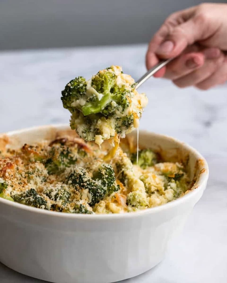 A white bowl filled with a broccoli casserole showing layers of green broccoli pieces mixed with creamy, melted cheese that has a slightly browned topping. The casserole looks soft and gooey with crumbly bits on top. A woman's hand holding a spoon is lifting a scoop of the casserole, showing the mix of green broccoli and yellowish cheese with some crumbly texture. The background is a white marbled surface. photo taken with an iphone --ar 4:5 --v 7