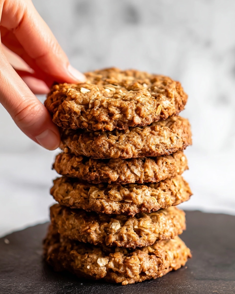 A close-up image shows a stack of five thick oatmeal cookies with a rough, chunky texture made of visible oats and small seeds throughout. The cookies are golden brown with a slightly darker, toasted look. A woman's hand is holding the top cookie from the side, lifting it gently. The stack rests on a black surface, with a soft-focused white marbled texture in the background. photo taken with an iphone --ar 4:5 --v 7
