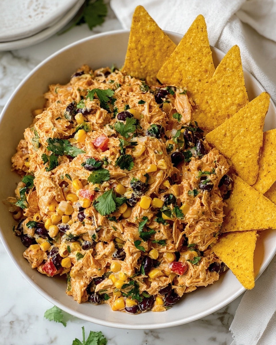 A white bowl holds a creamy mixed salad with three main layers: shredded chicken coated in a light orange sauce, black beans, and yellow corn kernels, all blended with small bits of red bell pepper and onion, topped with scattered green cilantro leaves. On the right side of the bowl, several triangular yellow corn chips are arranged standing up, adding a crunchy texture contrast. The bowl sits on a white marbled surface, and part of a white cloth is visible in the top right corner. photo taken with an iphone --ar 4:5 --v 7