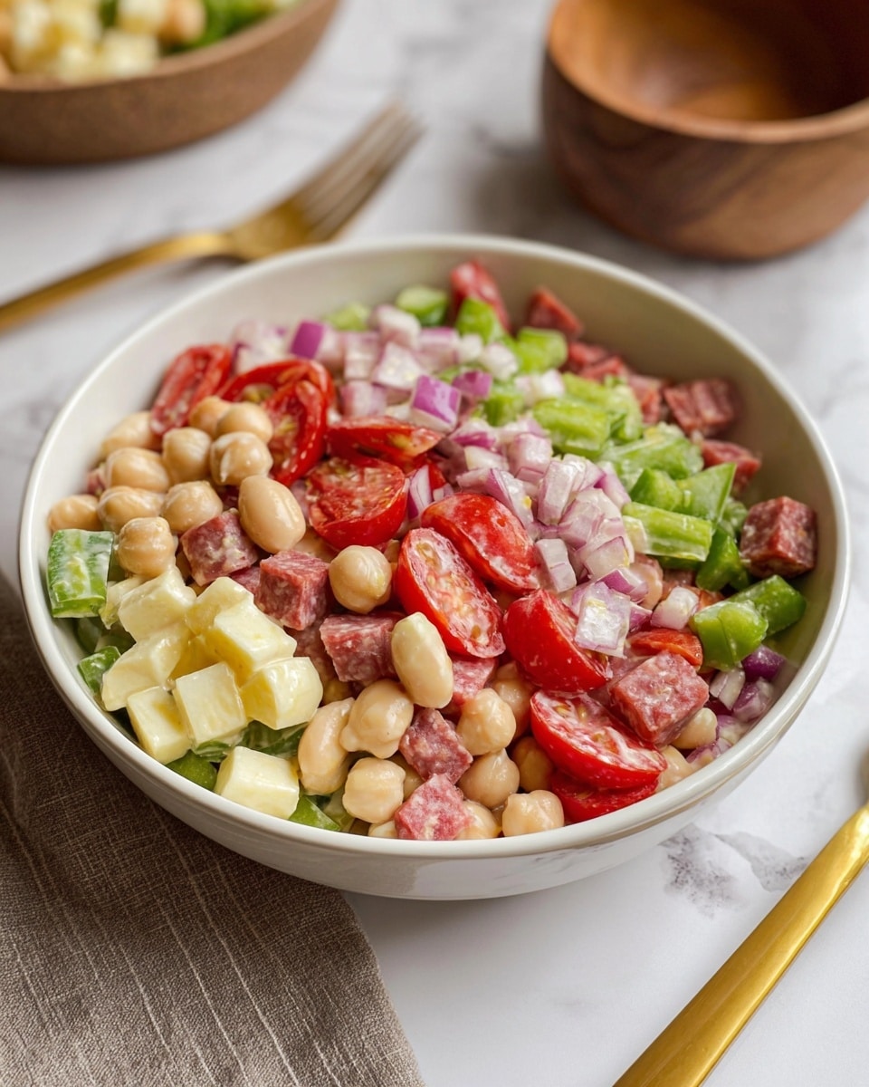 A bowl of mixed salad with about five layers of ingredients: the bottom layer has small round chickpeas and large white beans, the second layer shows small cubes of pale yellow cheese, the third layer includes bright green chopped bell peppers, the fourth layer has pinkish-red slices of salami, and the top layer consists of red chopped cherry tomatoes and diced red onions, all mixed in a creamy dressing. The bowl is white and placed on a white marbled surface with a blurred wooden bowl and golden fork in the background. Photo taken with an iphone --ar 4:5 --v 7
