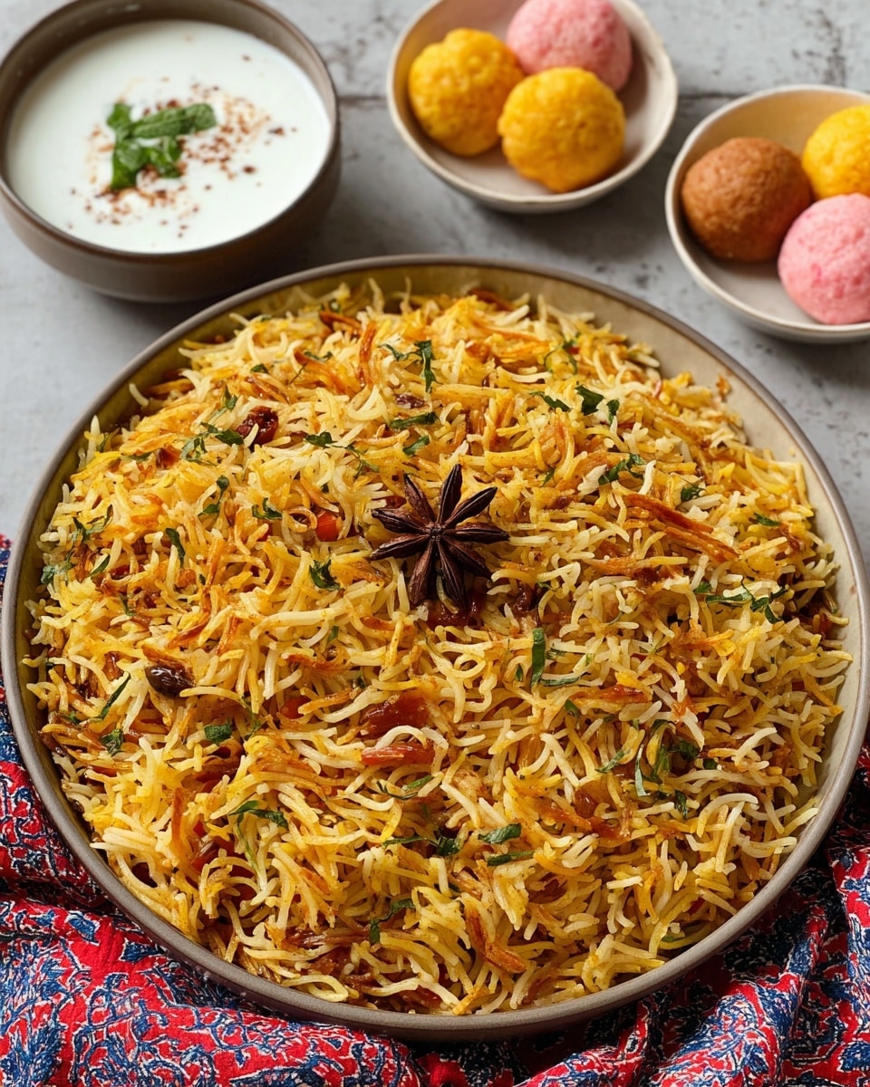 A close-up of a round plate full of cooked biryani rice, showing thin yellow and orange noodles mixed with small green herb pieces and bits of red tomato, topped with a whole star anise in the center, sitting on a white marbled surface with two small white bowls nearby – one filled with white yogurt garnished with a small green herb and light brown spice on top, and the other containing colorful round puffs in orange, yellow, and pink hues. The plate is placed on a cloth with red and blue patterns underneath. Photo taken with an iphone --ar 4:5 --v 7