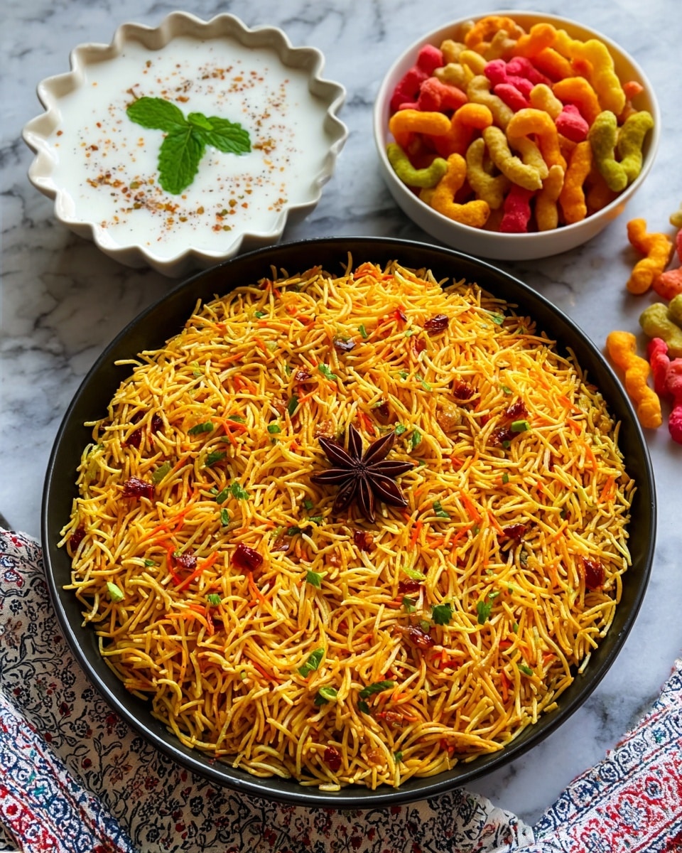 A large black bowl is filled with a layer of golden-yellow sev, thin and crispy strands mixed with small green herb bits and tiny red chili pieces, topped with a dark brown star anise placed at the center. Next to the bowl, on a white marbled surface, there is a small scalloped white bowl holding a thick white yogurt garnish with small round orange pieces and a small green mint leaf on top, sprinkled lightly with brown spices. Beside this is another small white bowl containing a mix of hollow, colorful, puffed snacks in orange, yellow, red, and light green. The background is white marbled and there is a cloth with white, blue, and red pattern at the bottom edge. Photo taken with an iphone --ar 4:5 --v 7