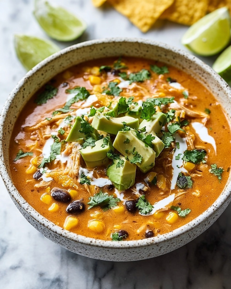 A speckled white bowl is filled with a thick orange soup containing visible pieces of yellow corn, dark black beans, and thin strands of shredded chicken mixed throughout. On top, there are several chunks of bright green avocado, a drizzle of white sour cream, and fresh green cilantro leaves scattered as garnish. The bowl sits on a white marbled surface with lime wedges nearby and blurred yellow tortilla chips in the background. photo taken with an iphone --ar 4:5 --v 7