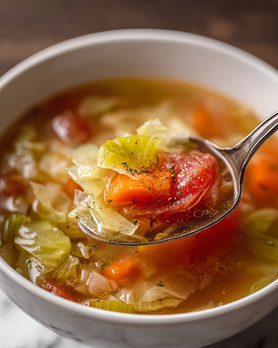 A close-up of a white bowl filled with clear broth vegetable soup resting on a white marbled surface. The soup shows visible layers of soft, translucent cabbage pieces, green celery slices with a slight shine, orange carrot rounds, and small chunks of red tomato floating in the light broth. A metal spoon lifting out a mixture of the cabbage, celery, carrot, and tomato layers, also sprinkled with small bits of ground black pepper and herbs. The soup looks warm and fresh with light reflections on the broth’s surface. Photo taken with an iphone --ar 4:5 --v 7