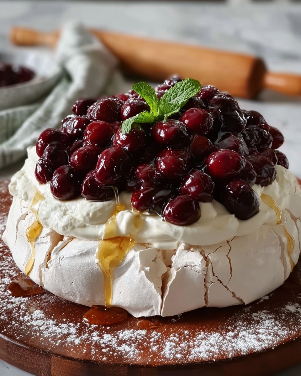 A round dessert with a cracked white meringue base forms the bottom layer, topped generously with thick, smooth white whipped cream that overflows slightly on the sides. Above this, a dense cluster of shiny, dark red cherries covers the cream, with a small sprig of fresh green mint leaves at the center. Honey-colored syrup drips down the meringue edges, pooling slightly at the base. The dessert sits on a wooden board dusted lightly with powdered sugar, with a blurred rolling pin and cloth in the background set against a white marbled surface. Photo taken with an iphone --ar 4:5 --v 7