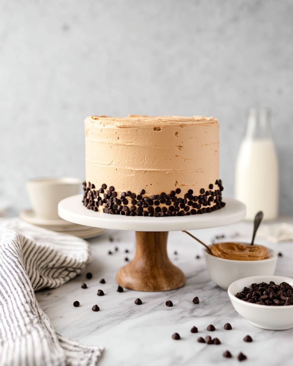 The image shows a three-layer round cake covered in smooth light brown frosting, standing tall on a round white cake stand with a wooden base. The bottom edge of the cake is decorated with an even band of dark chocolate chips, adding texture and contrast. Around the base, scattered chocolate chips lie on a white marbled surface, alongside a white bowl with a spoon containing a light brown spread, and a white bowl with more chocolate chips. In the background, a glass bottle filled with milk is partially visible. A white cloth with thin black stripes lies folded on the surface near the cake. The scene is bright and clean with soft, natural lighting. photo taken with an iphone --ar 4:5 --v 7