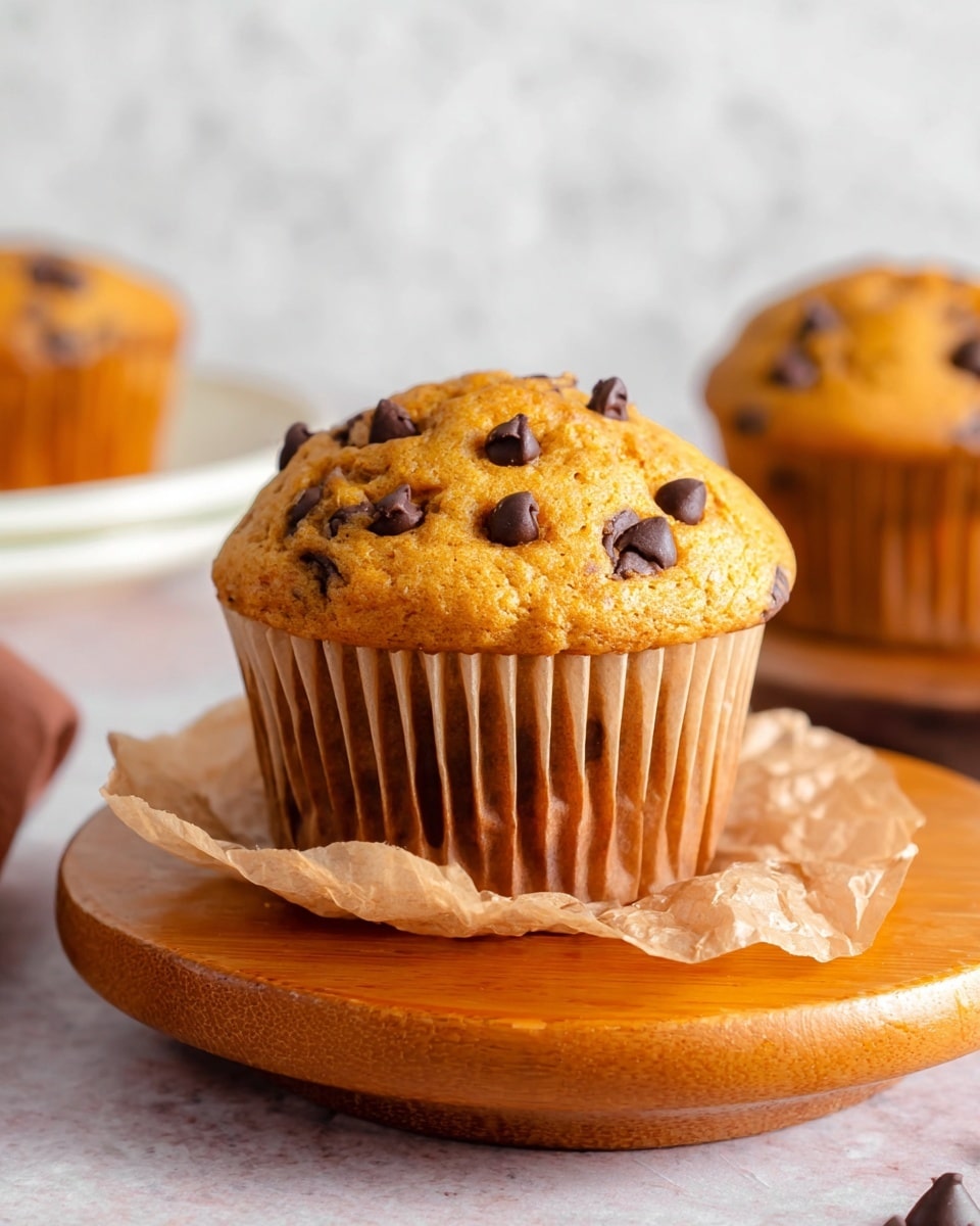 The image shows a close-up of a chocolate chip muffin with a golden-brown top dotted with small, dark chocolate chips, some melted slightly into the surface. The muffin's base is wrapped in a ridged, light brown paper liner. It sits on a piece of crumpled light brown parchment paper, which rests on a round wooden stand with a smooth finish. In the background, a white plate holds another muffin, slightly blurred, all set against a white marbled textured surface. Photo taken with an iphone --ar 4:5 --v 7