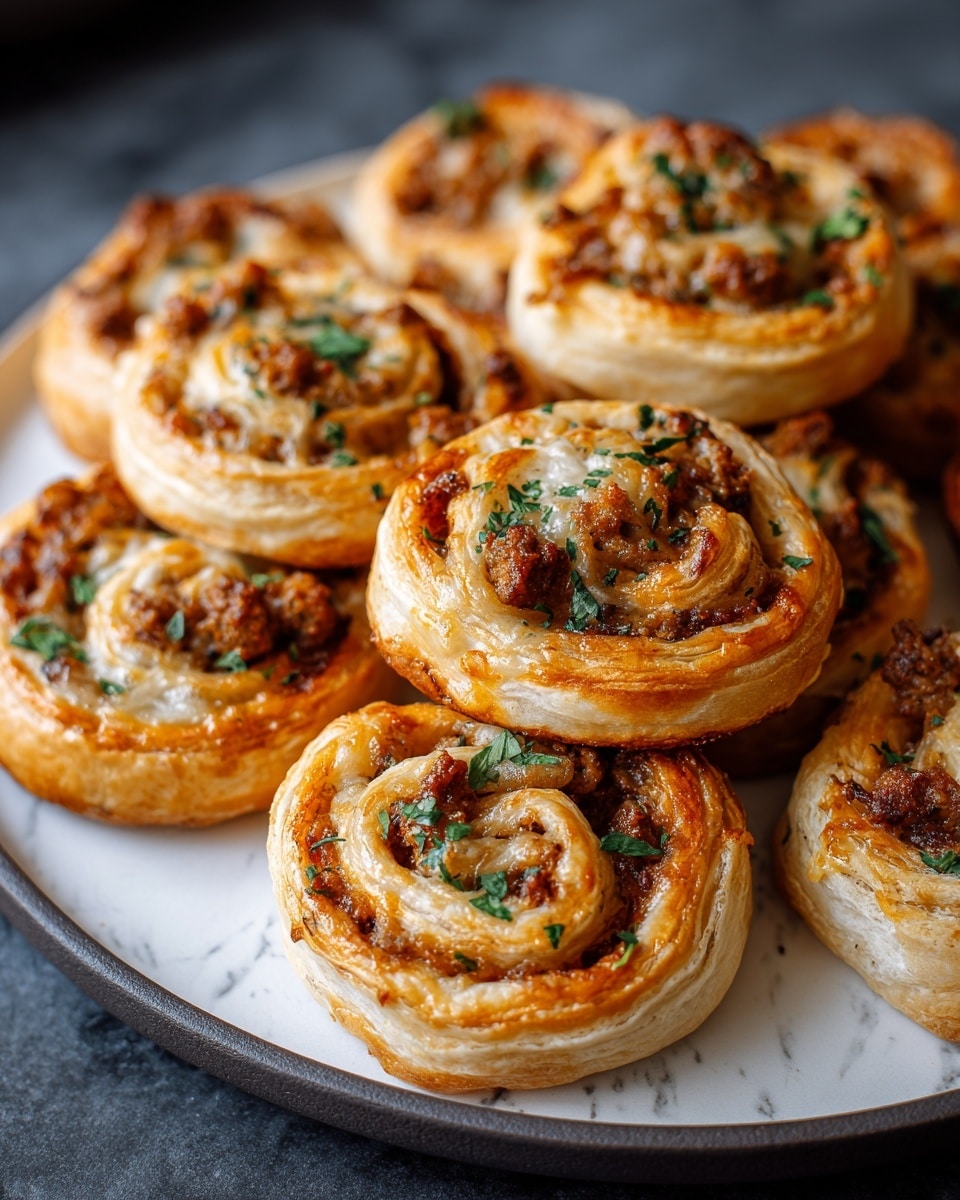 The image shows a close-up of several small round puff pastry rolls arranged on a white plate with a dark rim, placed on a white marbled surface. Each roll has multiple layers of golden-brown, flaky crust with visible swirls, filled with a mix of browned sausage and melted cheese, creating a textured look with bits of herbs sprinkled on top for a touch of green. The puff pastry looks crisp and slightly shiny from baking, with the sausage filling appearing juicy and well-cooked inside the spiral layers. Photo taken with an iphone --ar 4:5 --v 7
