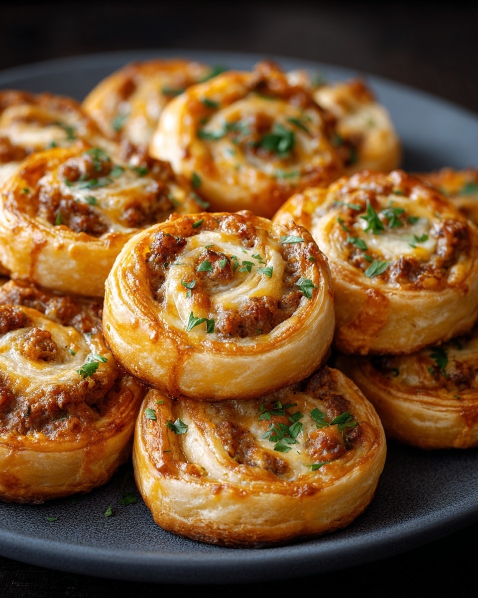 A close-up view of a round group of golden brown puff pastry pinwheels arranged tightly on a dark plate, each pinwheel showing multiple flaky layers of light yellow crust swirled with a filling of browned sausage bits and melted cheese, speckled with green herb garnish on top, highlighting the crisp and slightly oily texture of the pastries against a blurred dark background. photo taken with an iphone --ar 4:5 --v 7