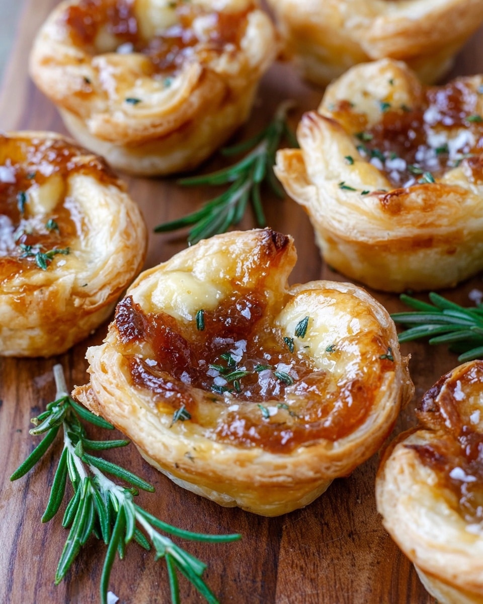 The image shows several small tartlets with a flaky, golden-brown puff pastry shell. Each tartlet has three visible layers: the bottom layer is slightly crisp and golden, the middle layer is a soft caramelized filling with a shiny, sticky texture, and the top layer is a creamy, melted cheese that is slightly browned at the edges. The tartlets are sprinkled with small green rosemary leaves and coarse sea salt, which add texture and color. The tartlets are arranged closely on a wooden board with a few sprigs of fresh rosemary nearby, enhancing the visual appeal. photo taken with an iphone --ar 4:5 --v 7