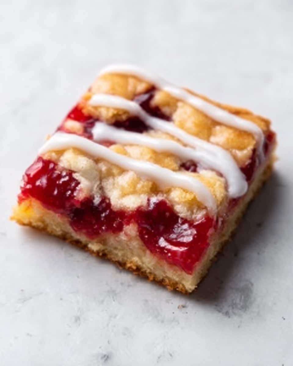 The image shows several square bars arranged in a grid on a white marbled surface. Each bar has three clear layers: a light golden, crumbly top layer with a slightly rough texture, a deep red, glossy fruit filling layer in the middle with visible pieces of berries, and a firm, pale golden base layer. The top of each bar has thin white icing drizzled unevenly, adding a smooth, shiny contrast to the crumbly texture. Some bars show cracks on the surface, revealing the vibrant red fruit filling inside. photo taken with an iphone --ar 4:5 --v 7