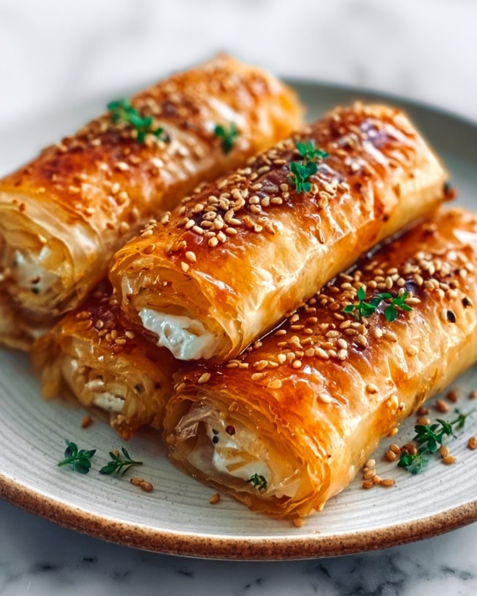 The image shows three golden brown rolls with a shiny, crispy texture, arranged closely on a white plate with a slight rim. Each roll is filled with white cream and topped with a sprinkling of sesame seeds and small green herb leaves. The rolls' layers appear thin and flaky, with visible crisp edges. The plate is set on a white marbled surface, enhancing the warm tones of the food. photo taken with an iphone --ar 4:5 --v 7