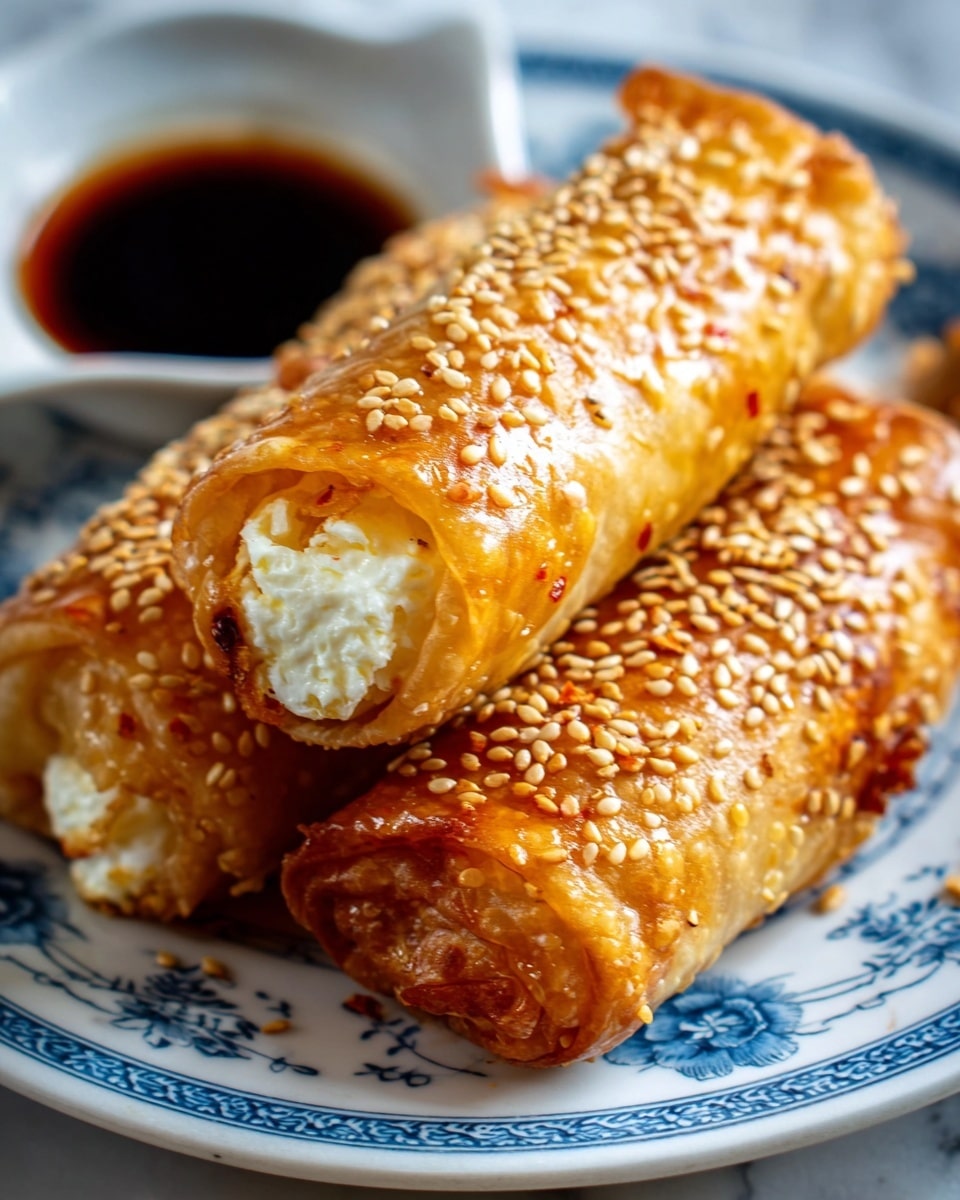 The image shows three golden-brown crispy rolls covered with white sesame seeds, placed on a white plate with blue floral patterns. Each roll is stuffed with creamy white cheese that is visible at the open ends, and some small bits of red chili or pepper are mixed into the cheese. The rolls have a crunchy texture with light flaky layers on the outside. In the background, there is a small white bowl filled with dark soy sauce. The whole scene is set on a white marbled surface. Photo taken with an iphone --ar 4:5 --v 7