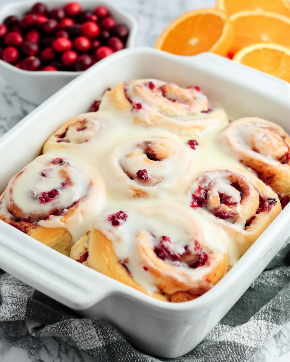 A white baking dish filled with six soft, fluffy cinnamon rolls arranged closely together, each roll showing swirls of red cranberry bits inside. The rolls are topped with a smooth, slightly creamy white icing that gently covers the top and seeps into the crevices of the spirals. In the background, slices of bright orange and a small white bowl filled with fresh cranberries are visible on a white marbled surface. A gray and white checkered cloth is placed under the dish. photo taken with an iphone --ar 4:5 --v 7