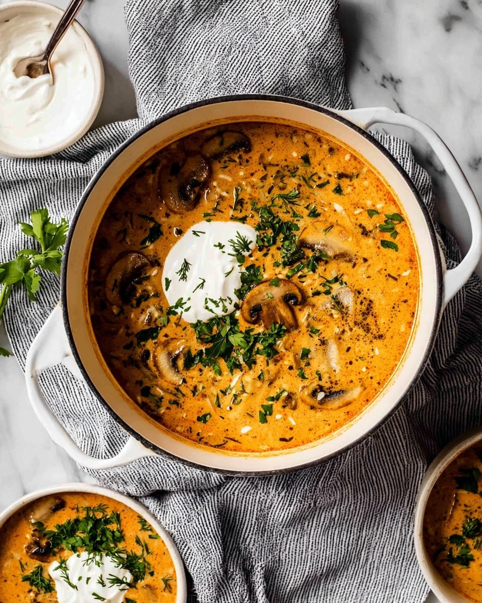A large white pot filled with creamy orange-brown soup that has visible slices of mushrooms and herbs mixed throughout. The soup is topped with a dollop of white cream in the center and sprinkled with fresh green herbs. Surrounding the pot are small white bowls containing the same soup, each also garnished with a swirl of cream and green herbs. The pot sits on a dark gray cloth, all placed on a white marbled surface. photo taken with an iphone --ar 4:5 --v 7