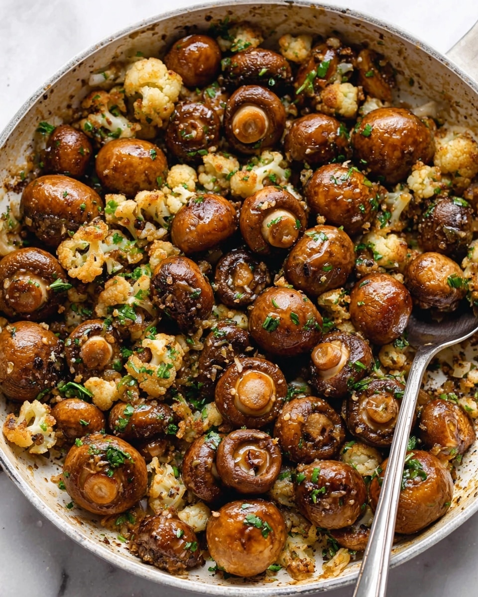 The image shows a close-up of a round white pan filled with cooked whole brown mushrooms mixed with small pieces of cauliflower and green herbs. The mushrooms are cooked to a glossy brown color and rest deeply inside the pan, mixed evenly with the small cauliflower florets. Tiny bits of green herbs and seasonings are spread throughout, adding texture and color contrast. A silver spoon is partly buried in the mix on the right side of the pan, ready to serve. The background is a white marbled surface. Photo taken with an iphone --ar 4:5 --v 7