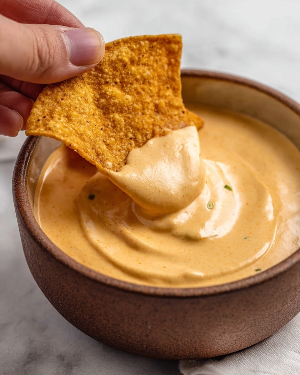 A close-up image showing a brown bowl filled with a thick, creamy, light orange cheese sauce. Two crispy, golden-brown tortilla chips are dipped into the cheese, one fully coated and one partially dipped. A woman's hand is holding the partially dipped chip. The background is a white marbled texture. photo taken with an iphone --ar 4:5 --v 7